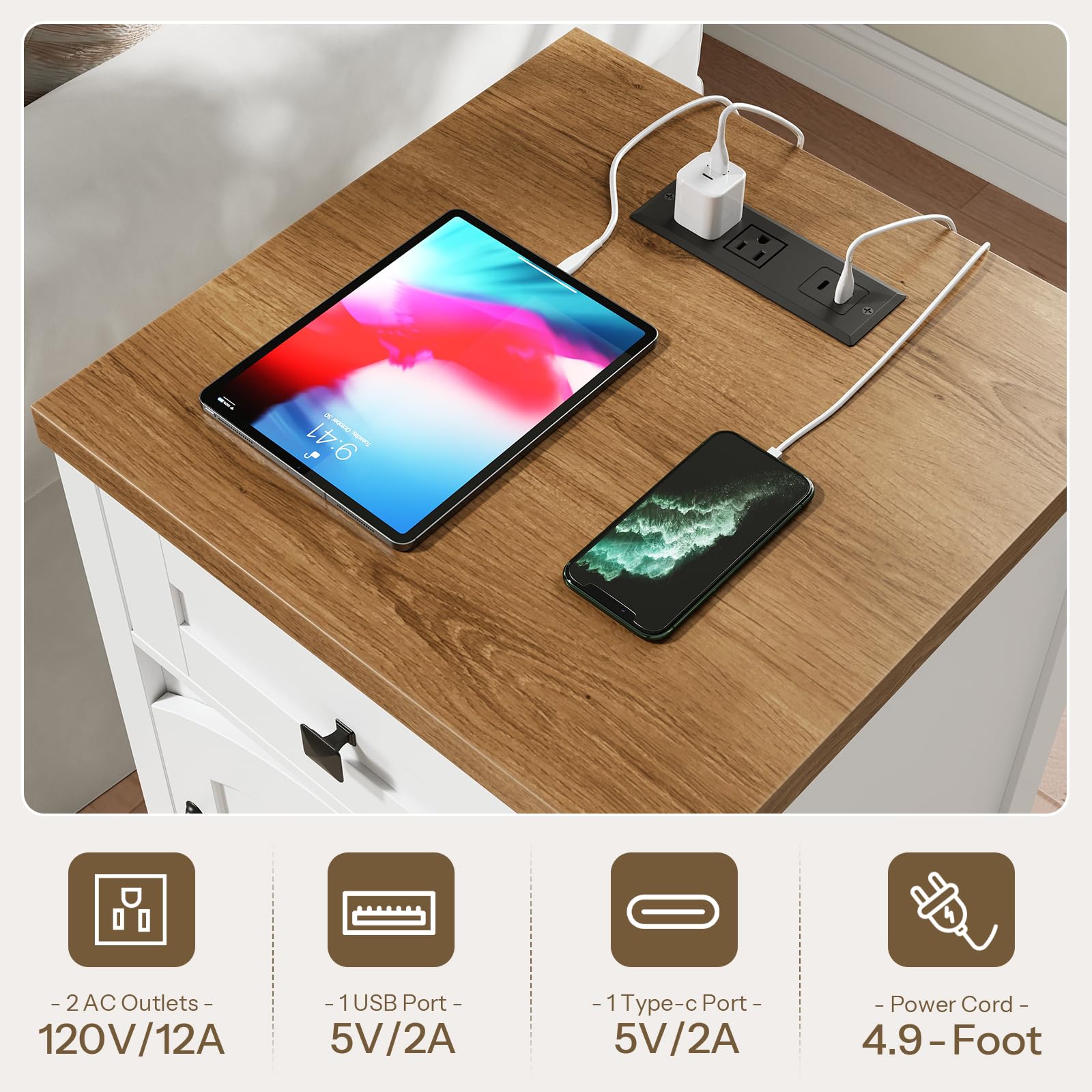 hoobro-table-de-chevet-blanche-tiroir-avec-prise-usb image 8