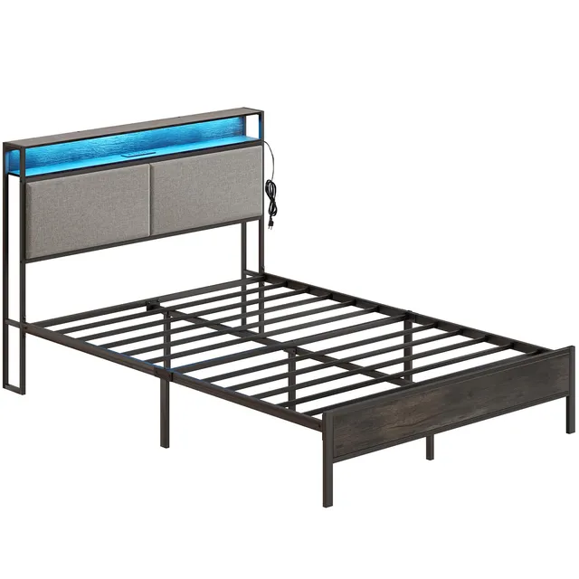 hoobro-bed-frames-cadre-de-lit-m-tal-led-gris-t-te-rangement image 1