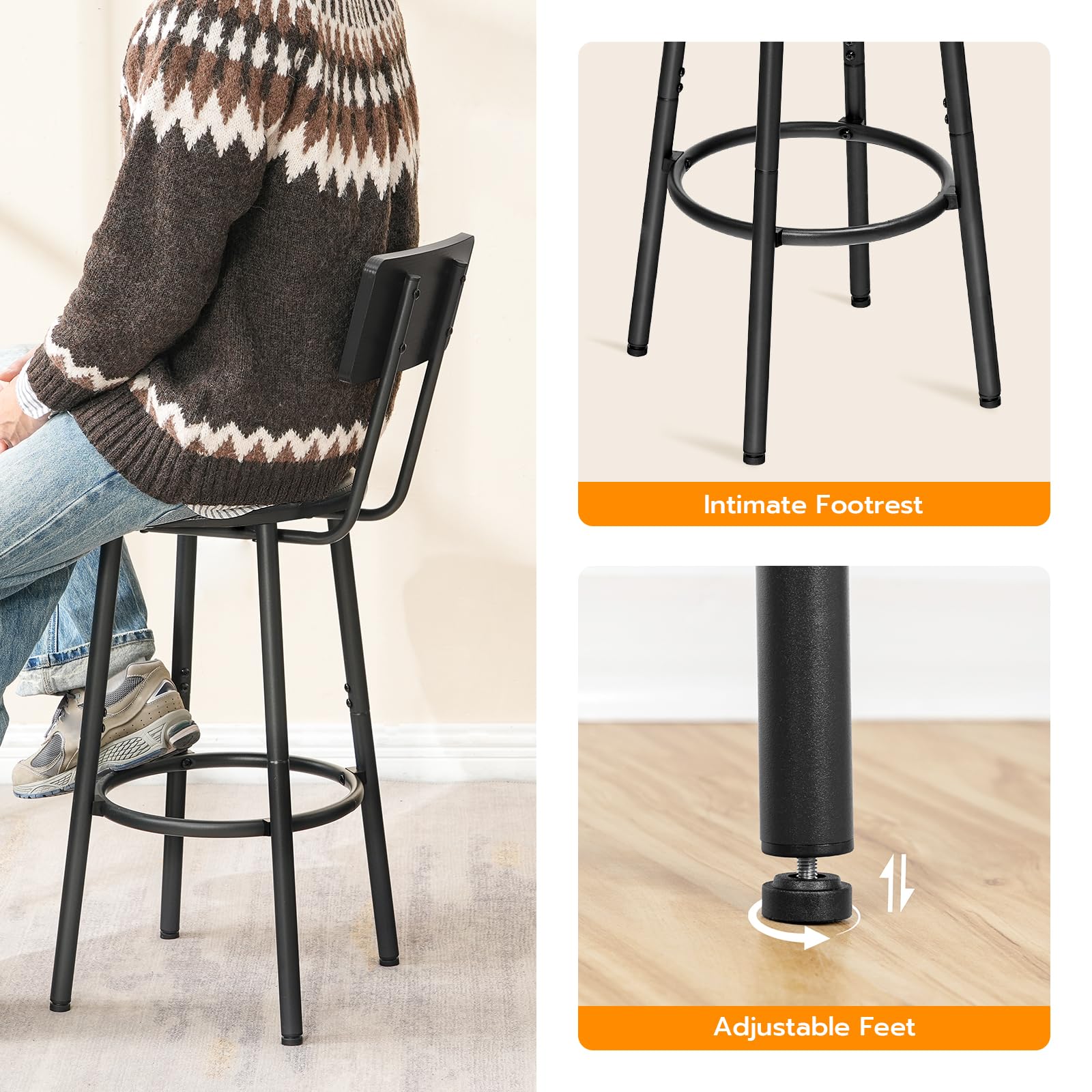 hoobro-bar-stools-tabouret-de-bar-noir-pu-lot-de-2-dossier image 7