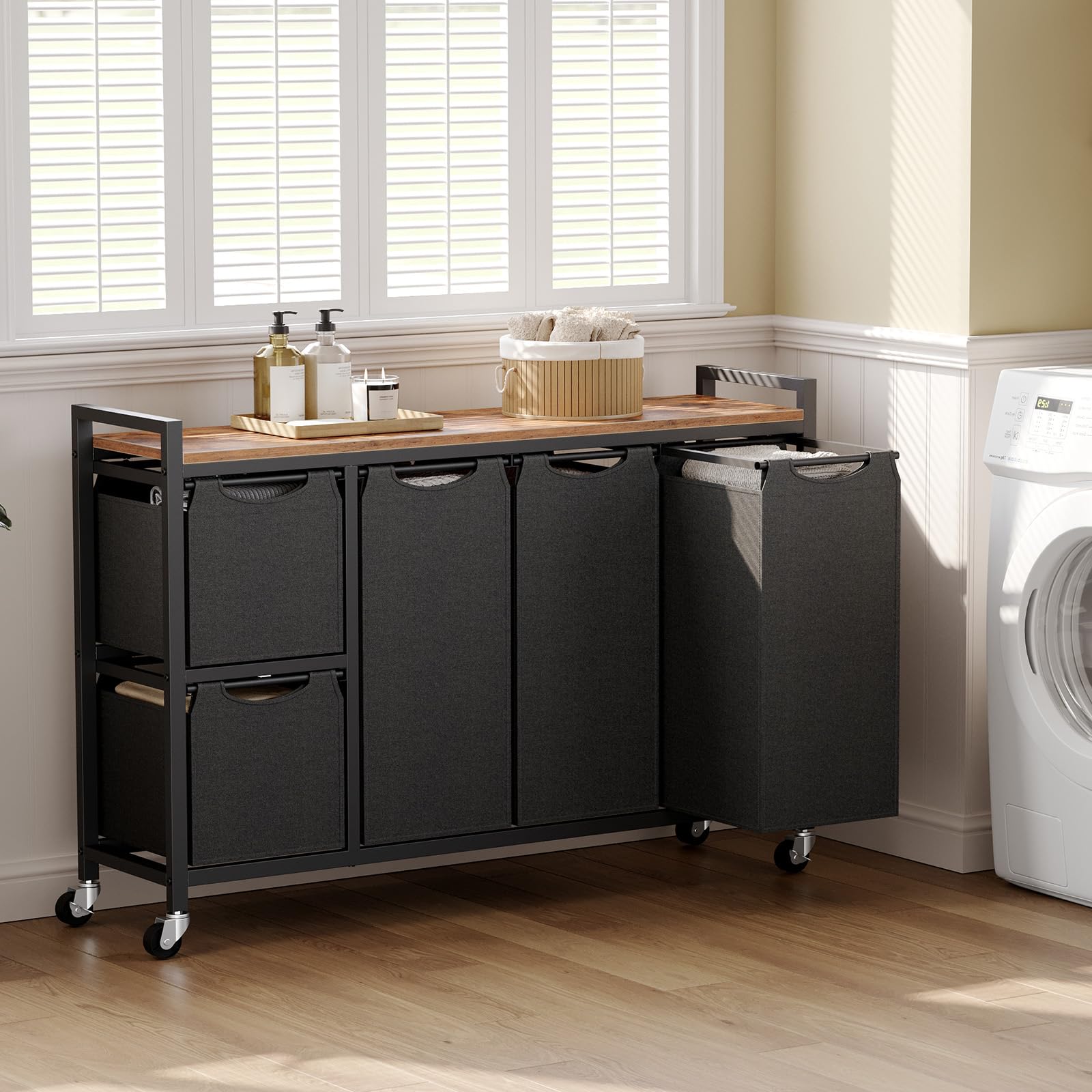 hoobro-bf26xy01-panier-linge-5-bacs-170l-marron-roulettes image 2