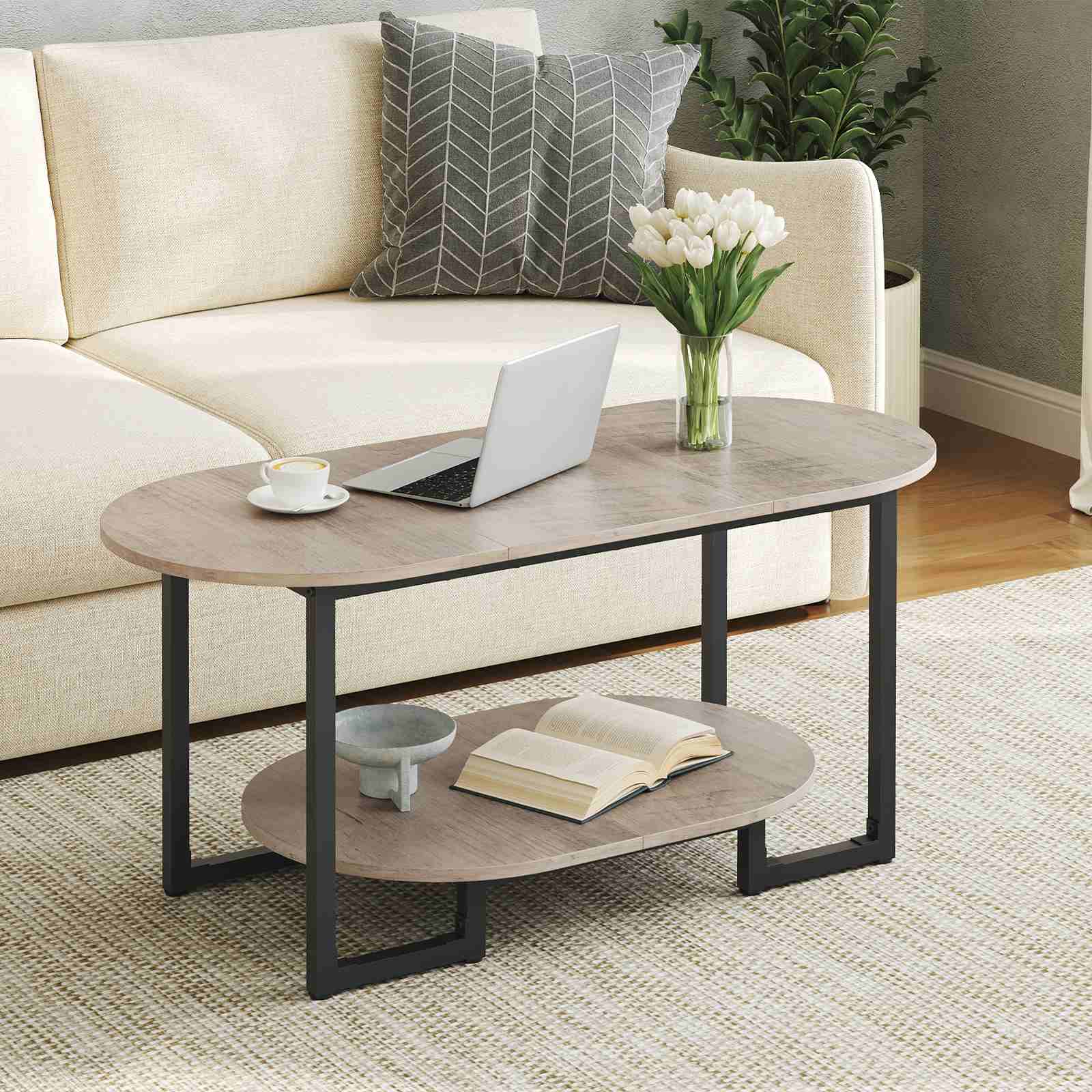 hoobro-coffee-tables-table-basse-ovale-bois-greige-2-niveaux image 2