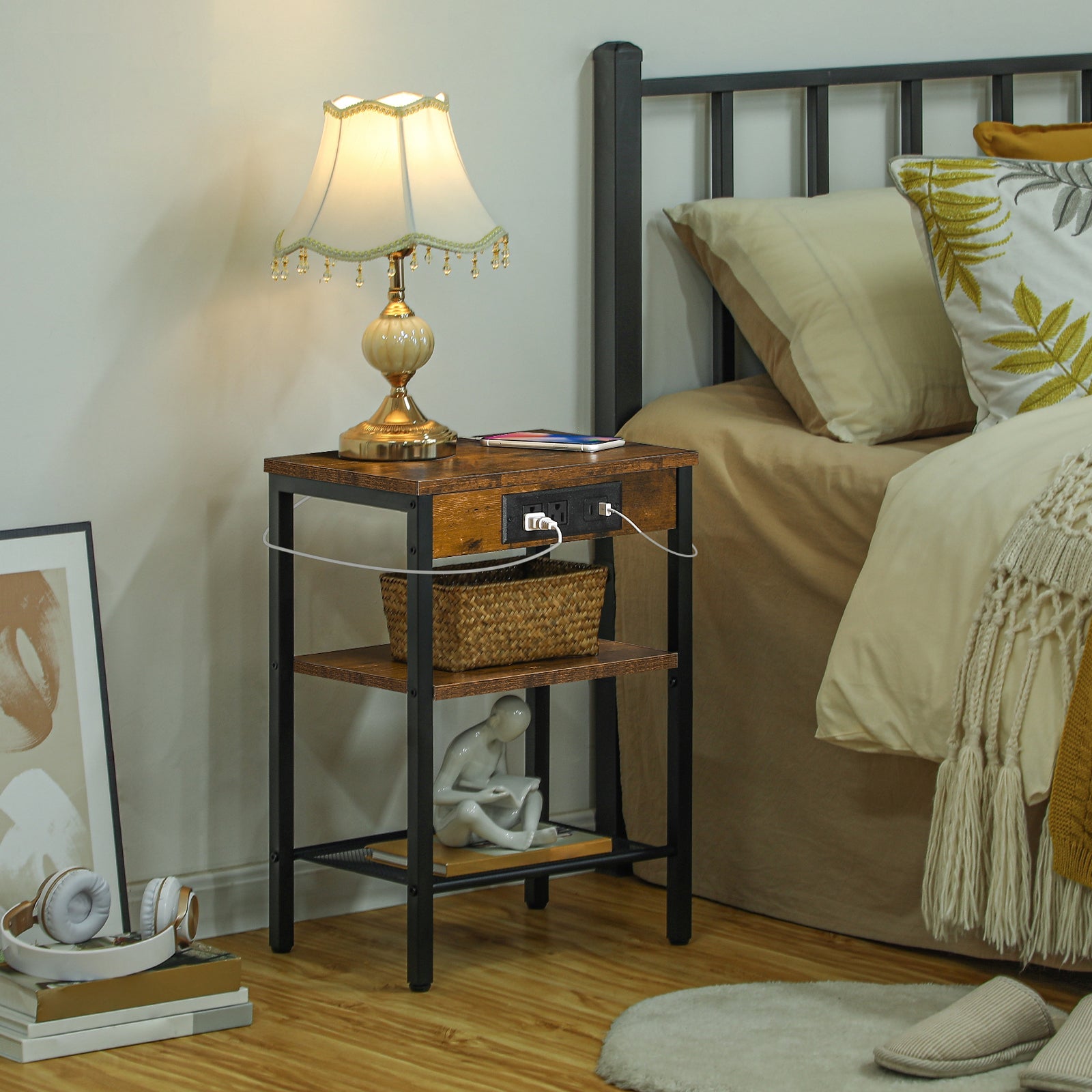 hoobro-side-tables-3-niveaux-table-appoint-marron-usb image 6