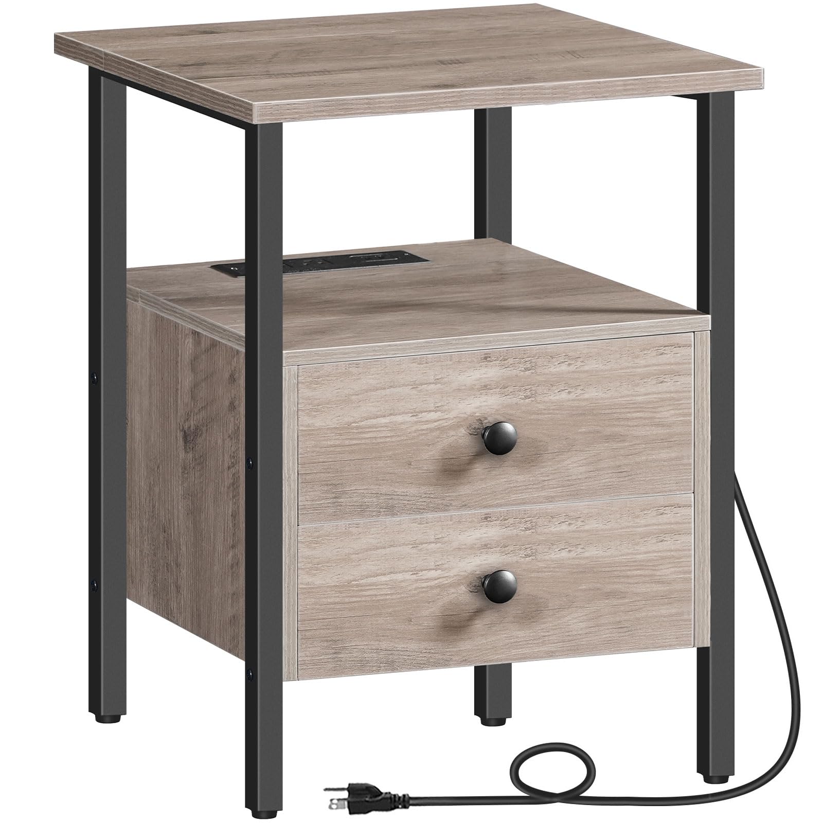 hoobro-table-de-chevet-2-tiroirs-greige-avec-prises-usb image 1
