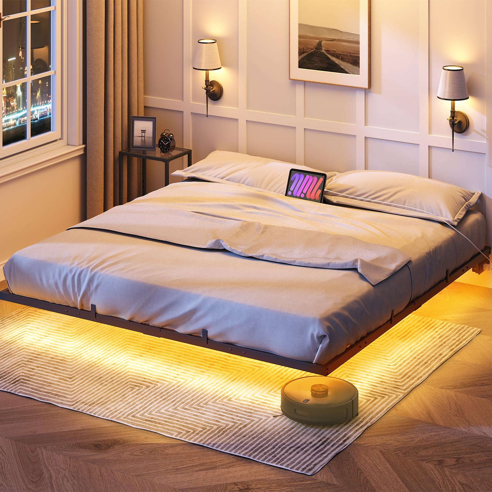 hoobro-bed-frames-lit-king-size-led-noir-avec-prises image 2
