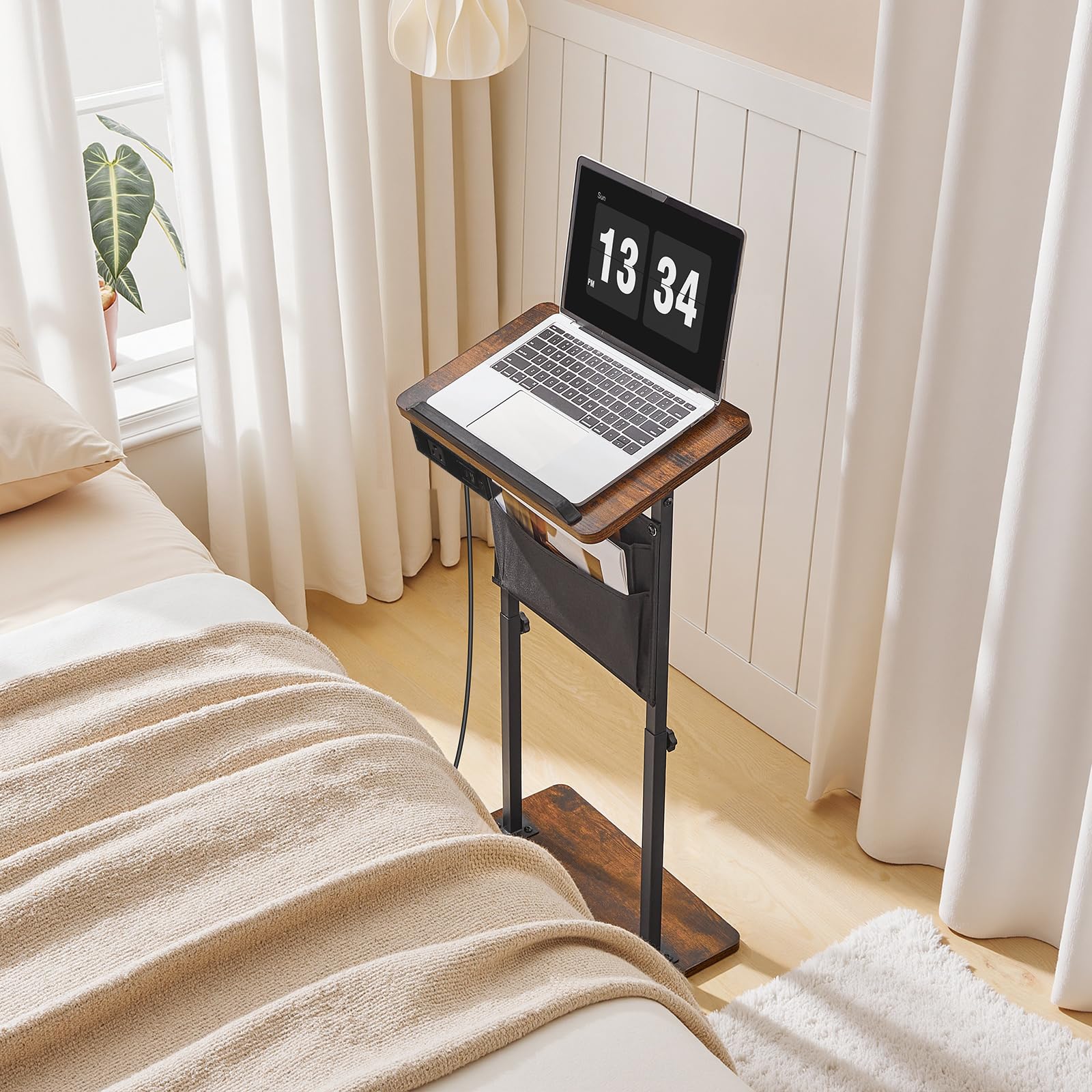 hoobro-side-tables-bout-de-canap-marron-hauteur-r-glable-avec-prise image 2