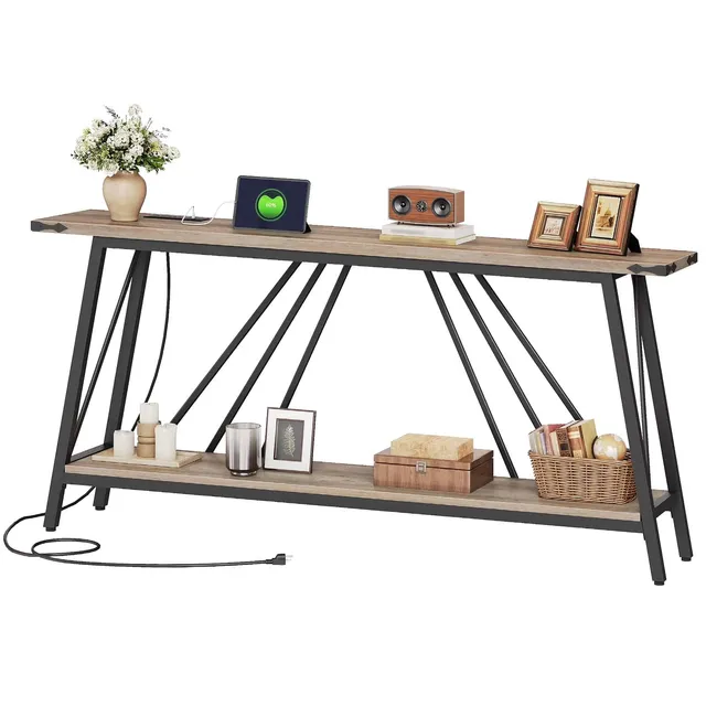 hoobro-console-table-meuble-entr-e-greige-2-niveaux-avec-prise image 1