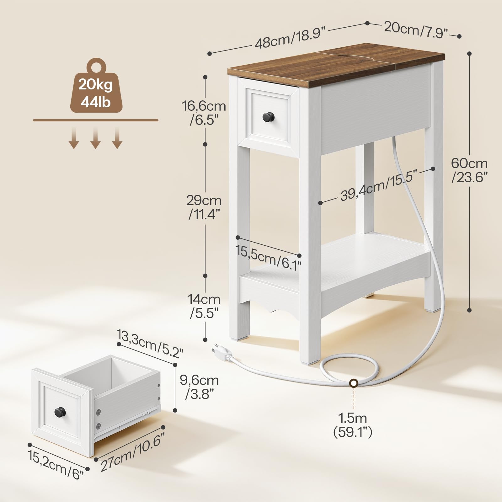 hoobro-side-tables-bout-de-canap-blanc-avec-prise-tiroir image 3