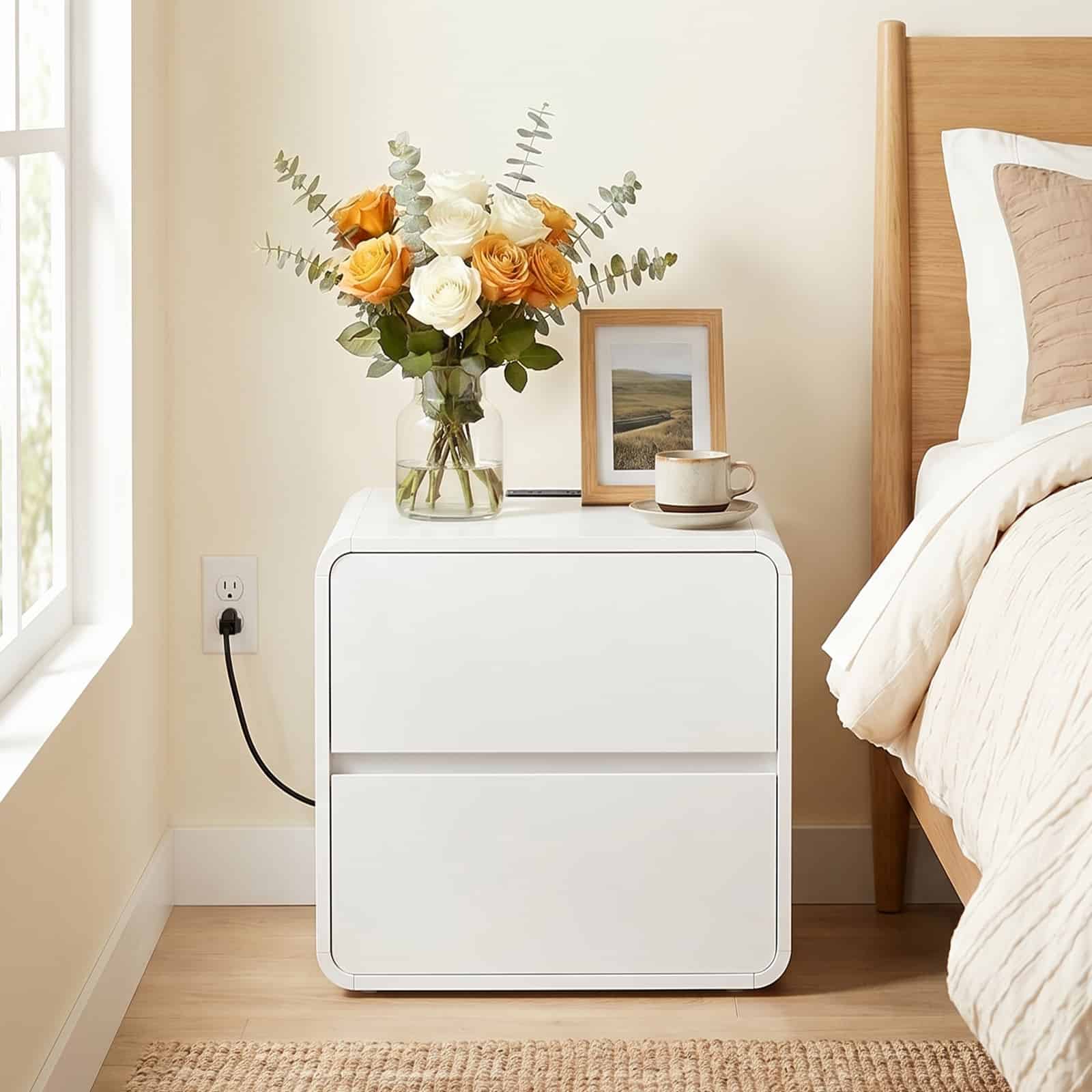 hoobro-nightstands-chevet-blanc-bois-avec-prise-et-tiroirs image 6