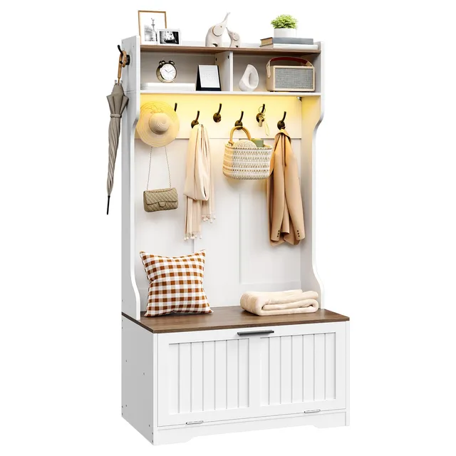 hoobro-vestiaire-d-entr-e-blanc-avec-banc-et-led image 1