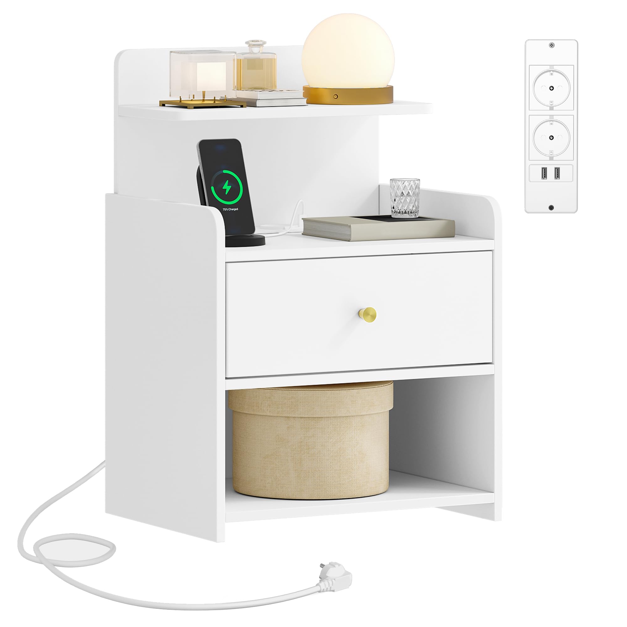 hexcelen-tables-de-chevet-table-de-nuit-blanche-prise-usb-tiroir image 1