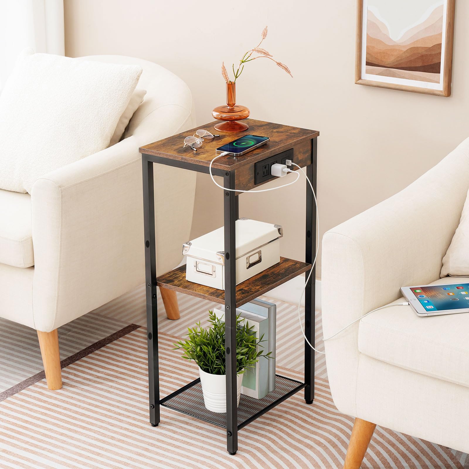 hoobro-side-tables-bout-canap-haut-marron-usb image 4
