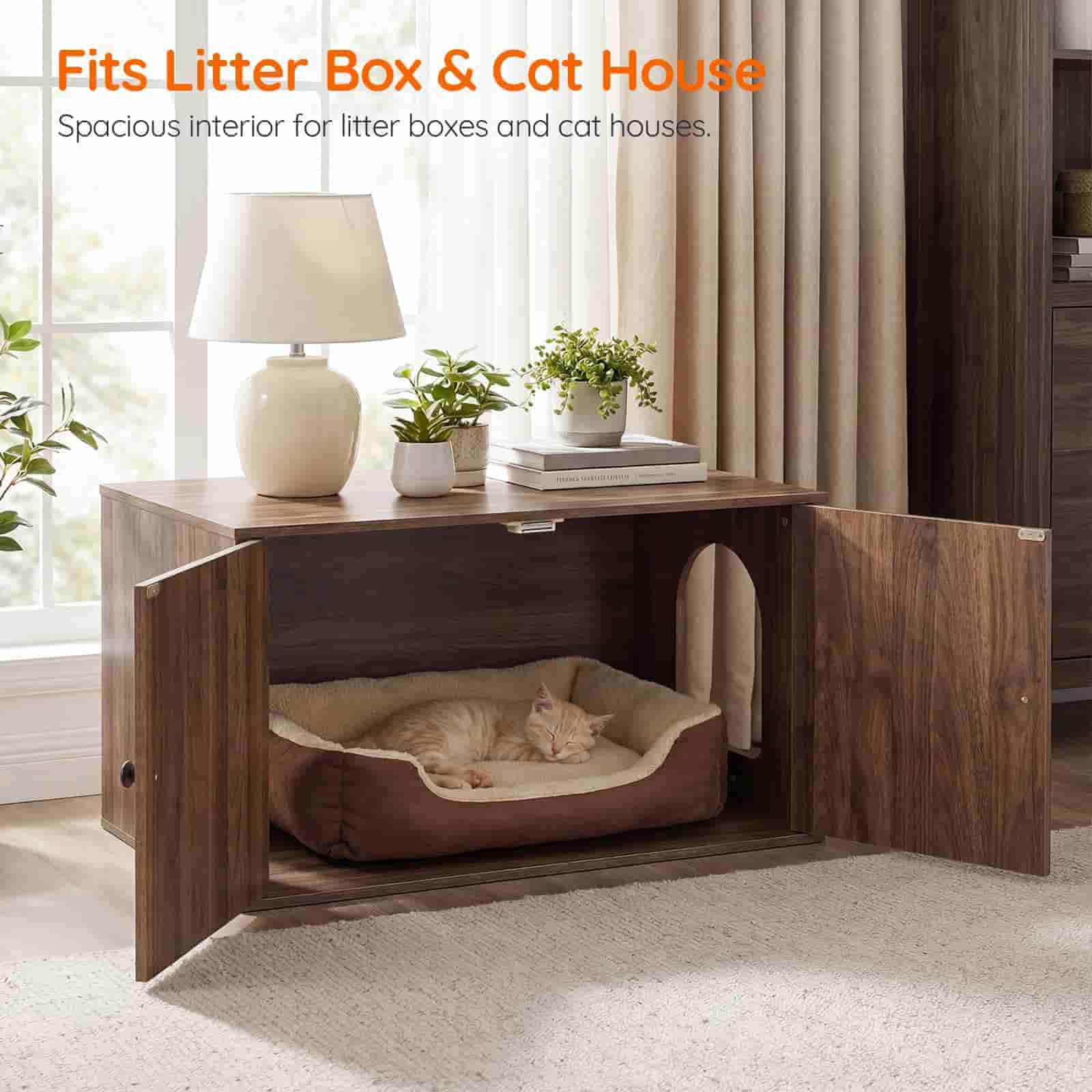 hoobro-meuble-liti-re-chat-bois-marron-banc-cach image 6
