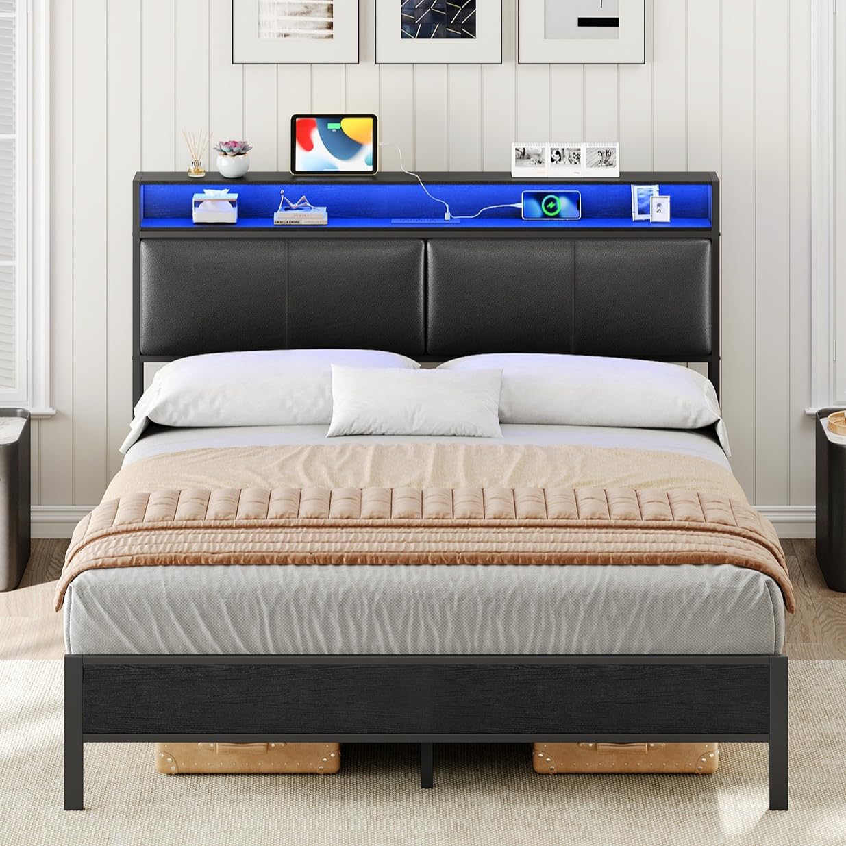 hoobro-bed-frames-cadre-de-lit-queen-m-tal-led-noir-usb image 2