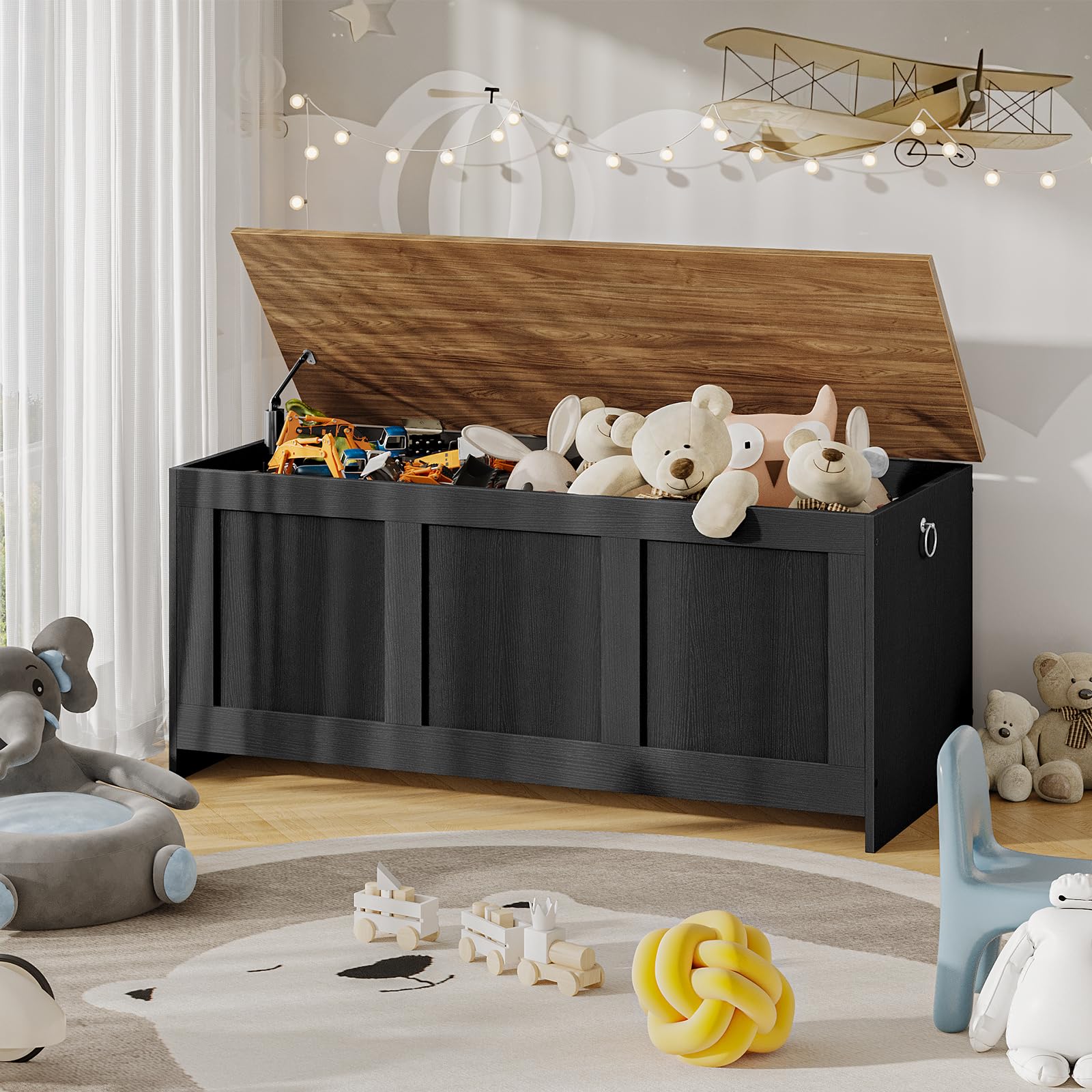 hoobro-coffre-rangement-bois-39-3-pouces-couvercle-noir image 2