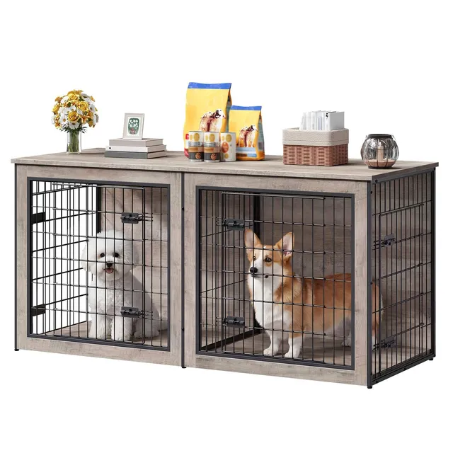 hoobro-pet-furniture-niche-chien-double-bois-greige-tv image 1