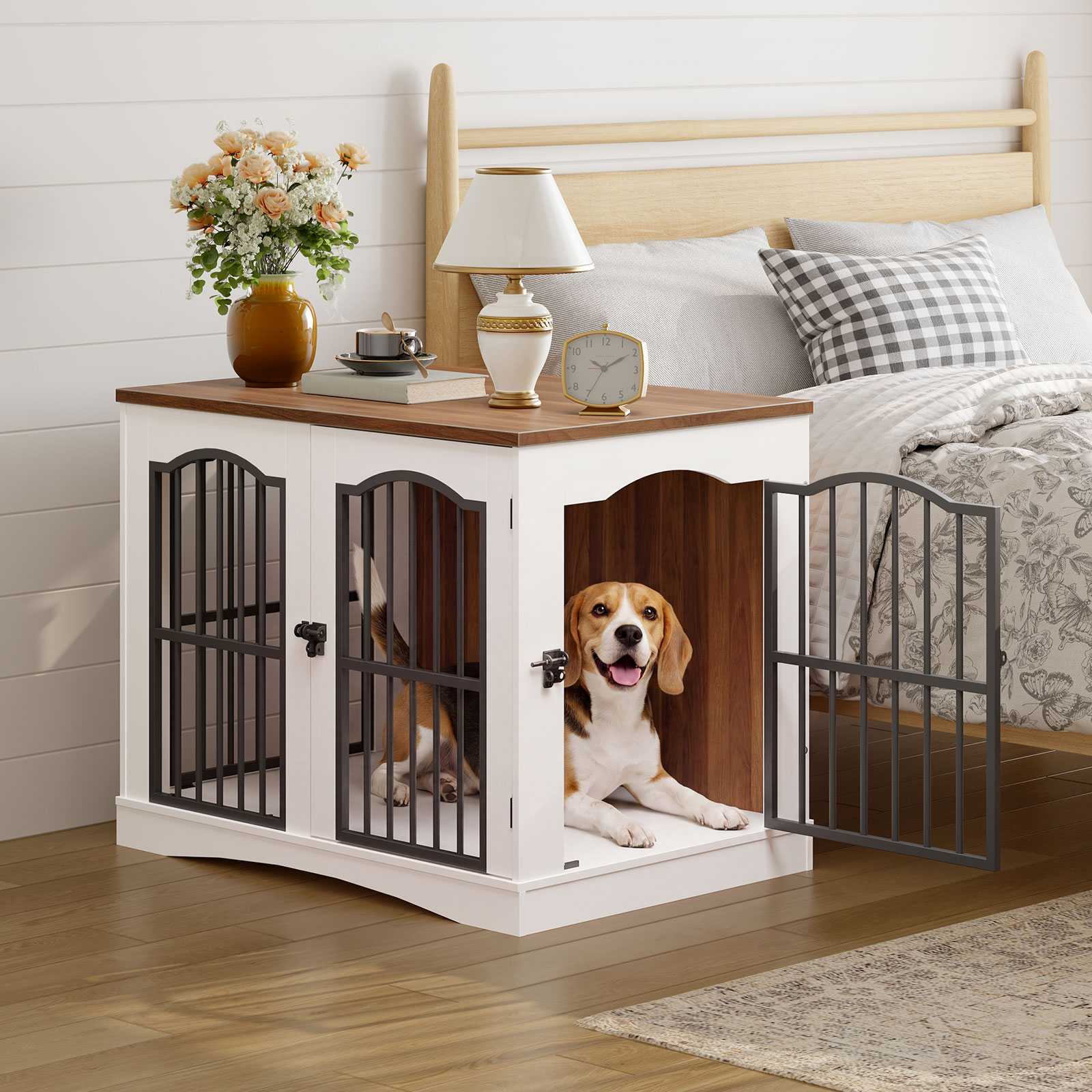 hoobro-cage-chien-meuble-bois-blanc-2-en-1-s-parable image 8