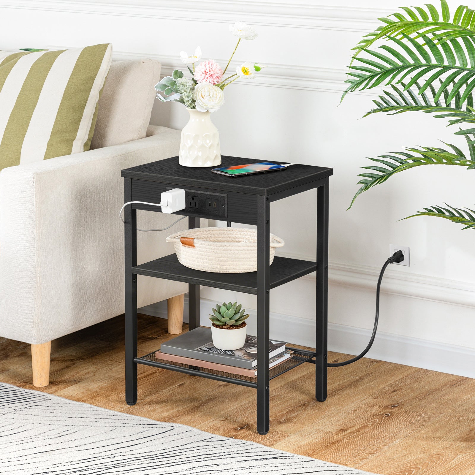 hoobro-side-tables-table-d-appoint-3-niveaux-noire-usb-type-c image 2