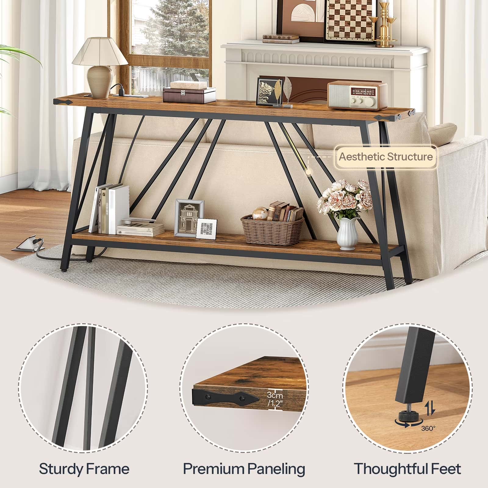 hoobro-console-table-console-entr-e-marron-2-niveaux-usb image 7