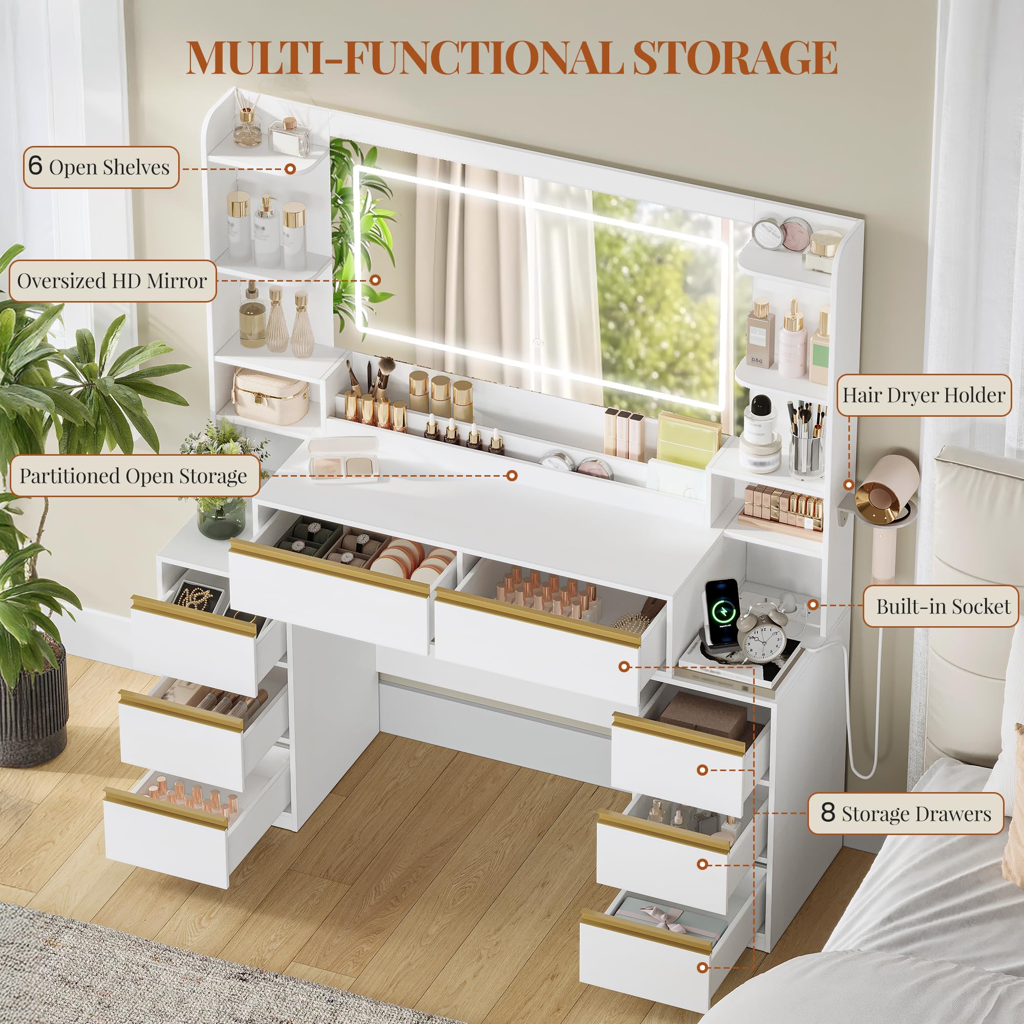 hexcelen-coiffeuse-avec-miroir-135-cm-blanc-dor-led-usb image 3