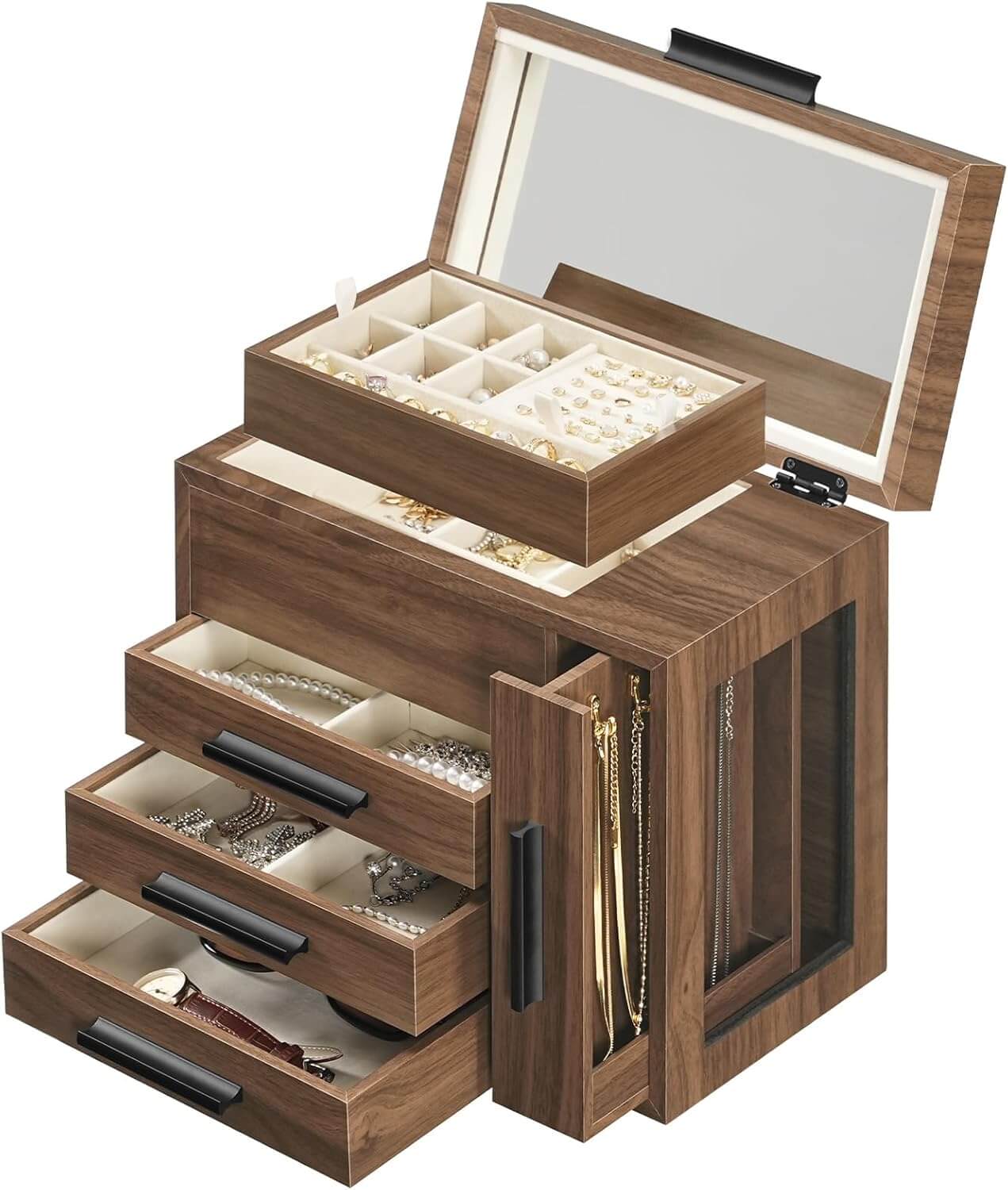 hoobro-jewelry-boxes-bo-te-bijoux-bois-noyer-miroir image 1