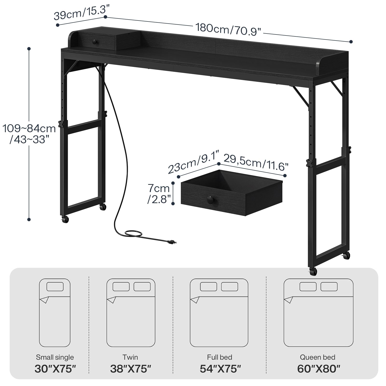 hoobro-bb180uddn01-table-de-lit-noire-roulettes-prise image 2