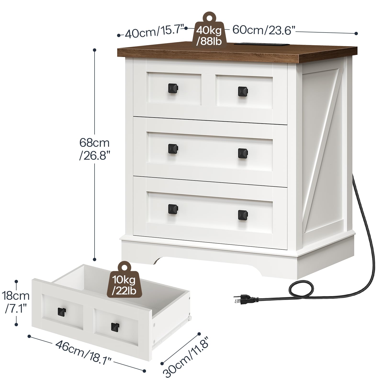 hoobro-nightstands-table-de-chevet-blanche-3-tiroirs-chargeur image 3