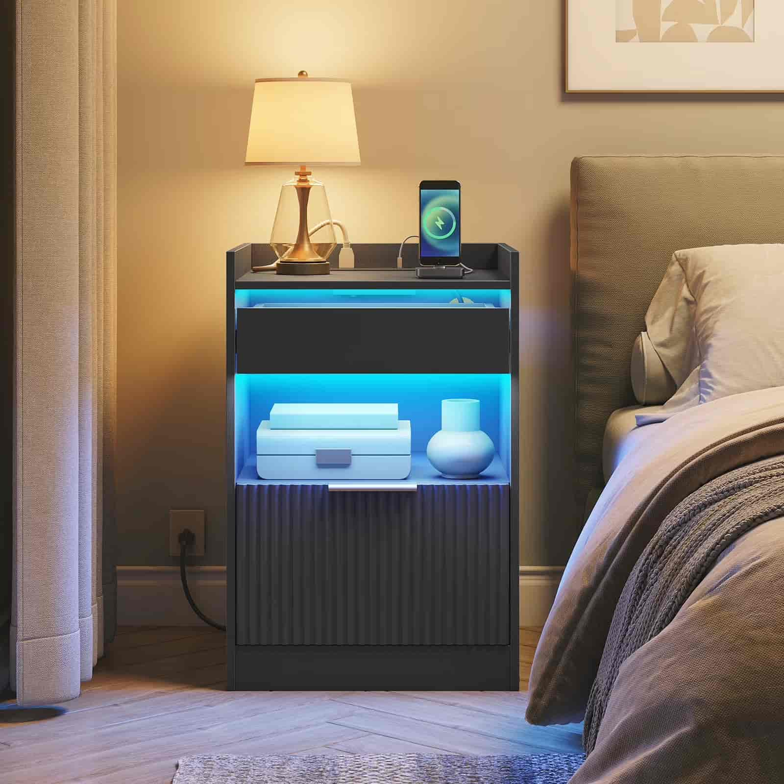 hoobro-nightstands-table-de-chevet-led-noire-avec-chargeur-tiroir image 4