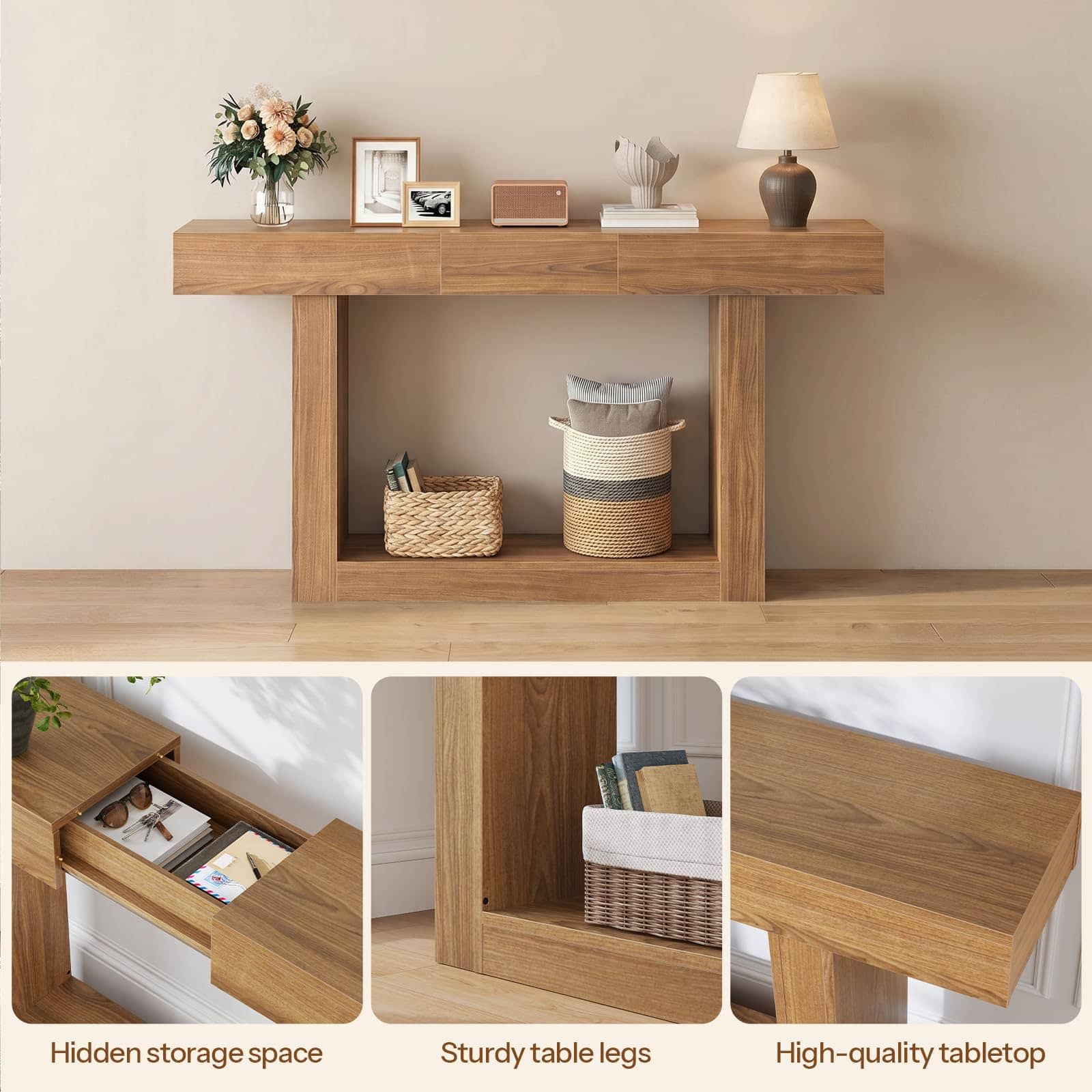 hoobro-table-console-extensible-naturel-47-63-pouces-avec-rangement image 7