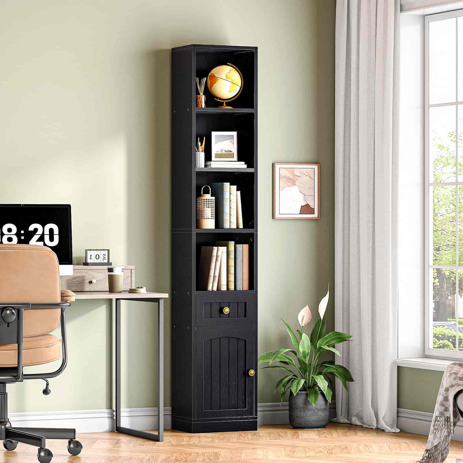 hoobro-bookshelves-biblioth-que-haute-noire-180-cm-avec-placard image 2