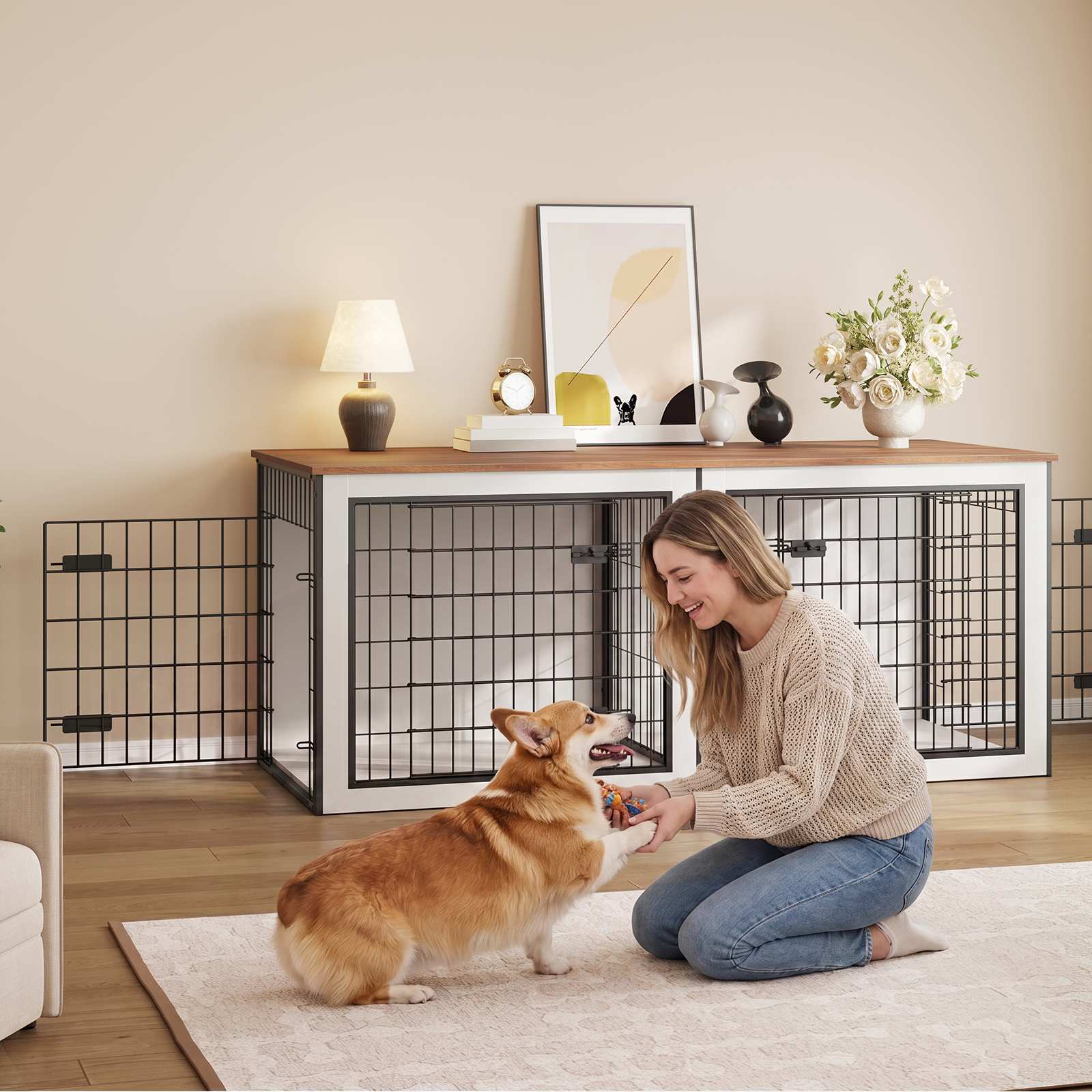 hoobro-niche-chien-bois-blanc-meuble-cage-avec-s-paration image 5