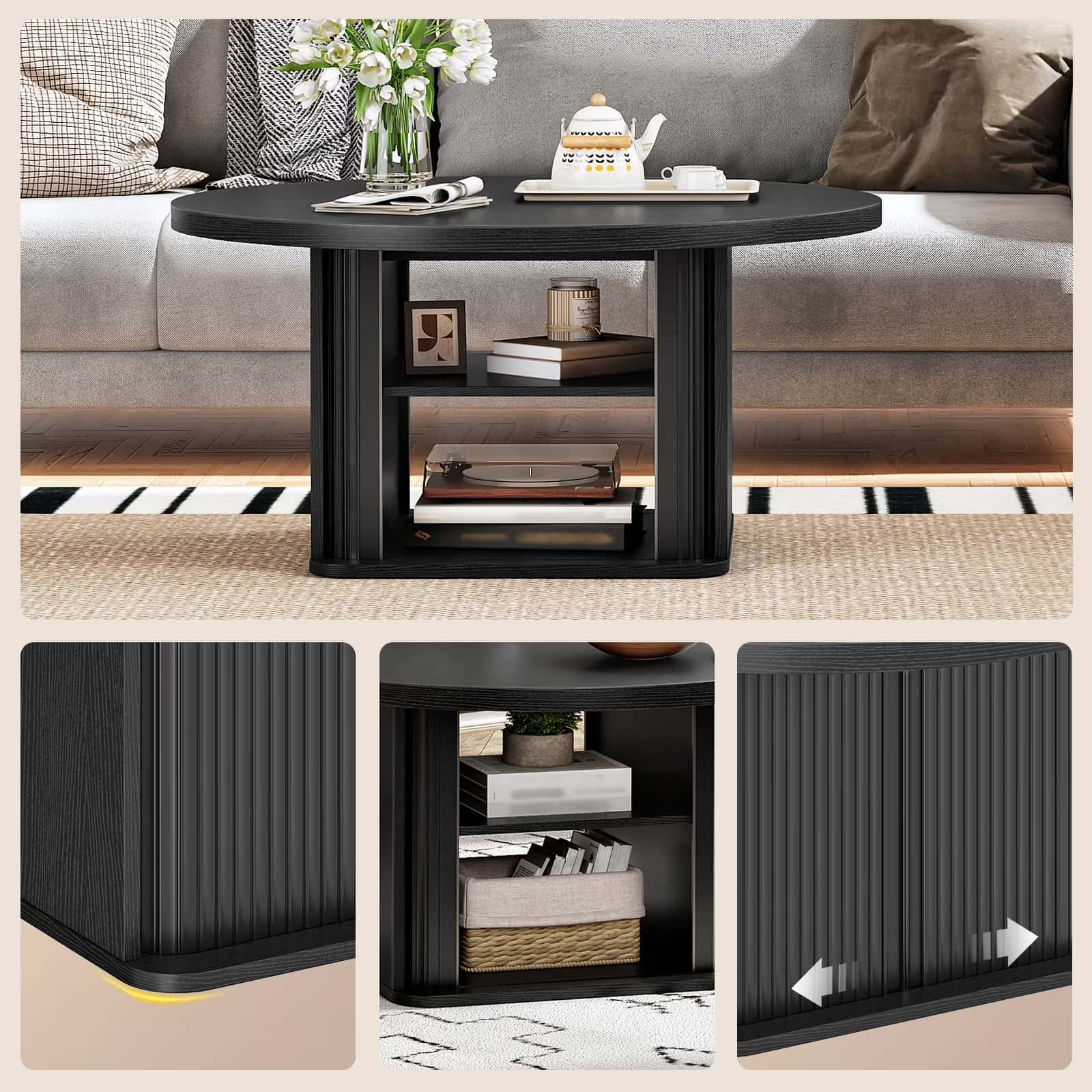 hoobro-table-basse-ronde-noire-avec-rangement-80-cm image 8
