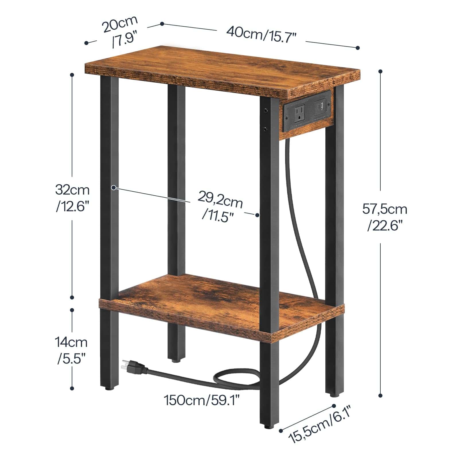 hoobro-side-tables-bout-de-canap-troit-marron-avec-prises-usb image 3