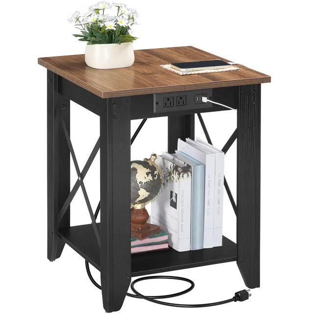 hoobro-table-chevet-2-niveaux-marron-prise-usb image 1