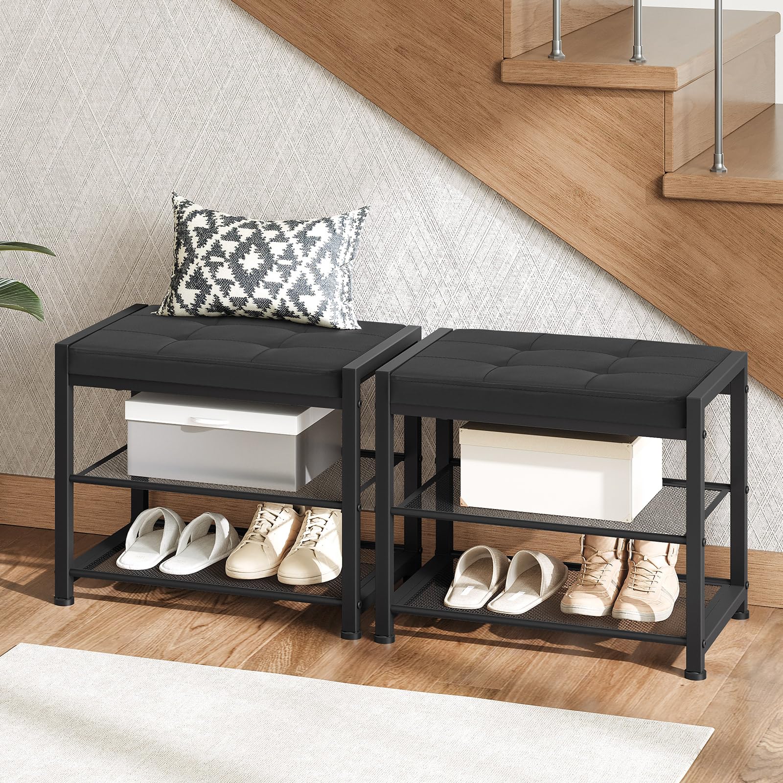 hoobro-shoe-racks-banc-range-chaussures-3-niveaux-noir-avec-coussin image 4