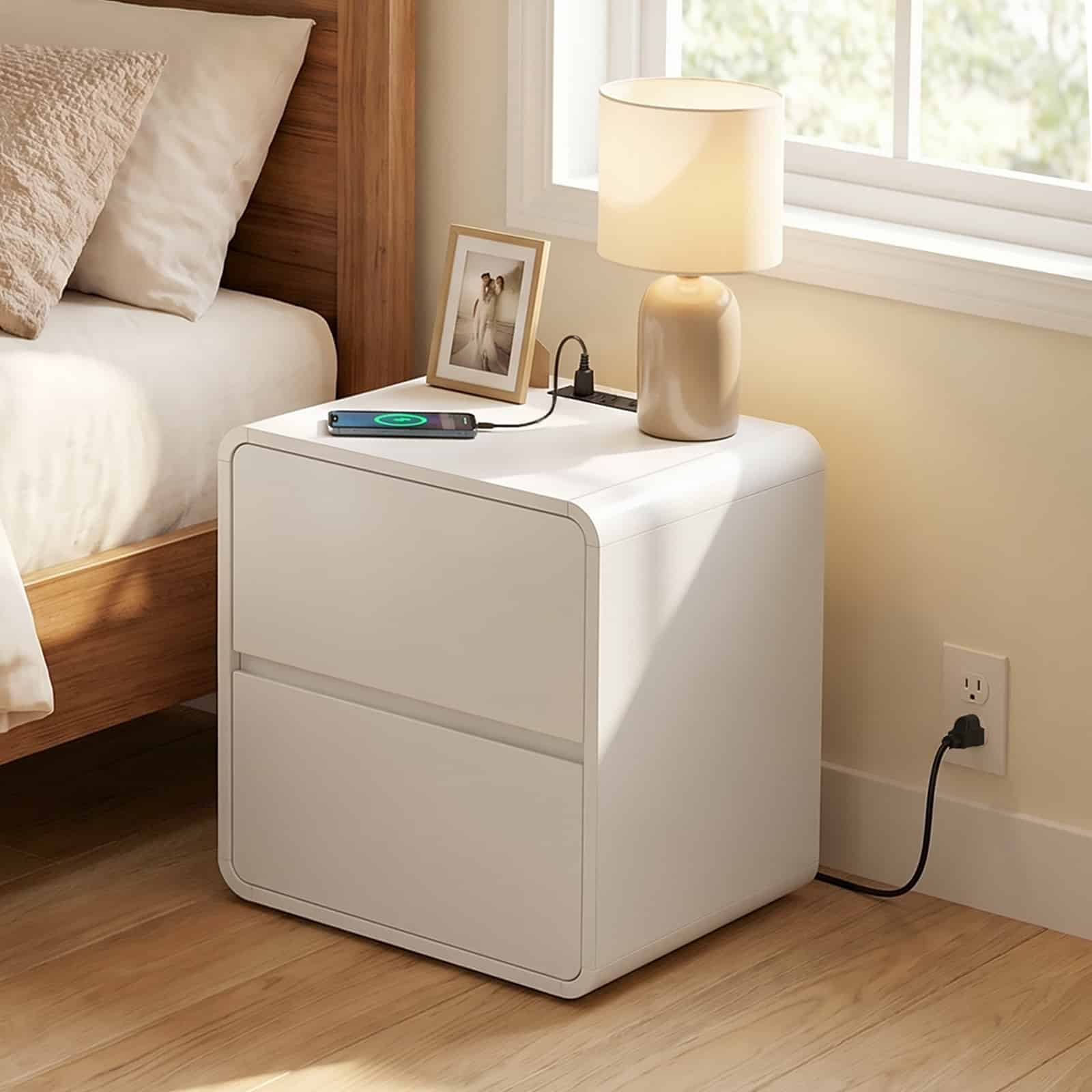 hoobro-nightstands-chevet-blanc-bois-avec-prise-et-tiroirs image 2
