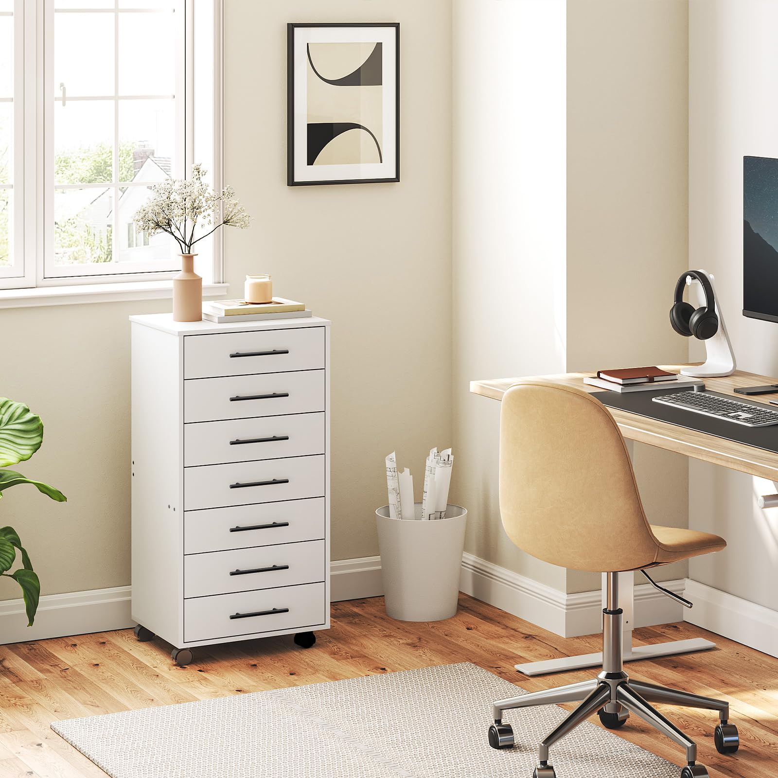 hoobro-caisson-bureau-7-tiroirs-blanc-roulettes-bois image 2