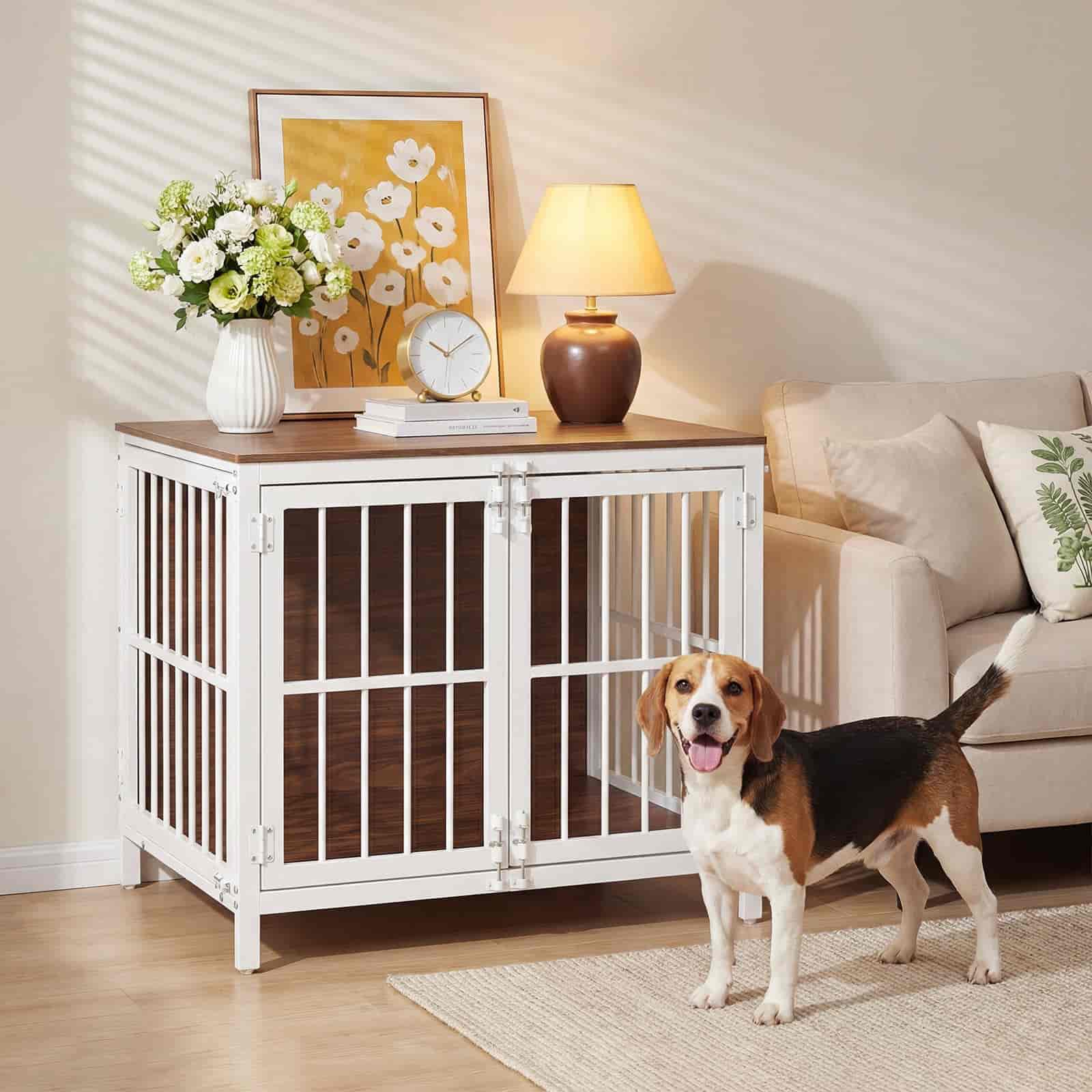 hoobro-cage-chien-bois-blanche-100-cm-3-portes-meuble image 2