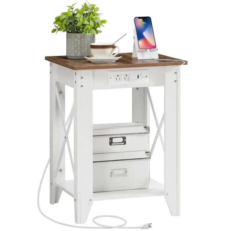 hoobro-side-tables-table-appoint-blanche-usb-2-niveaux image 1
