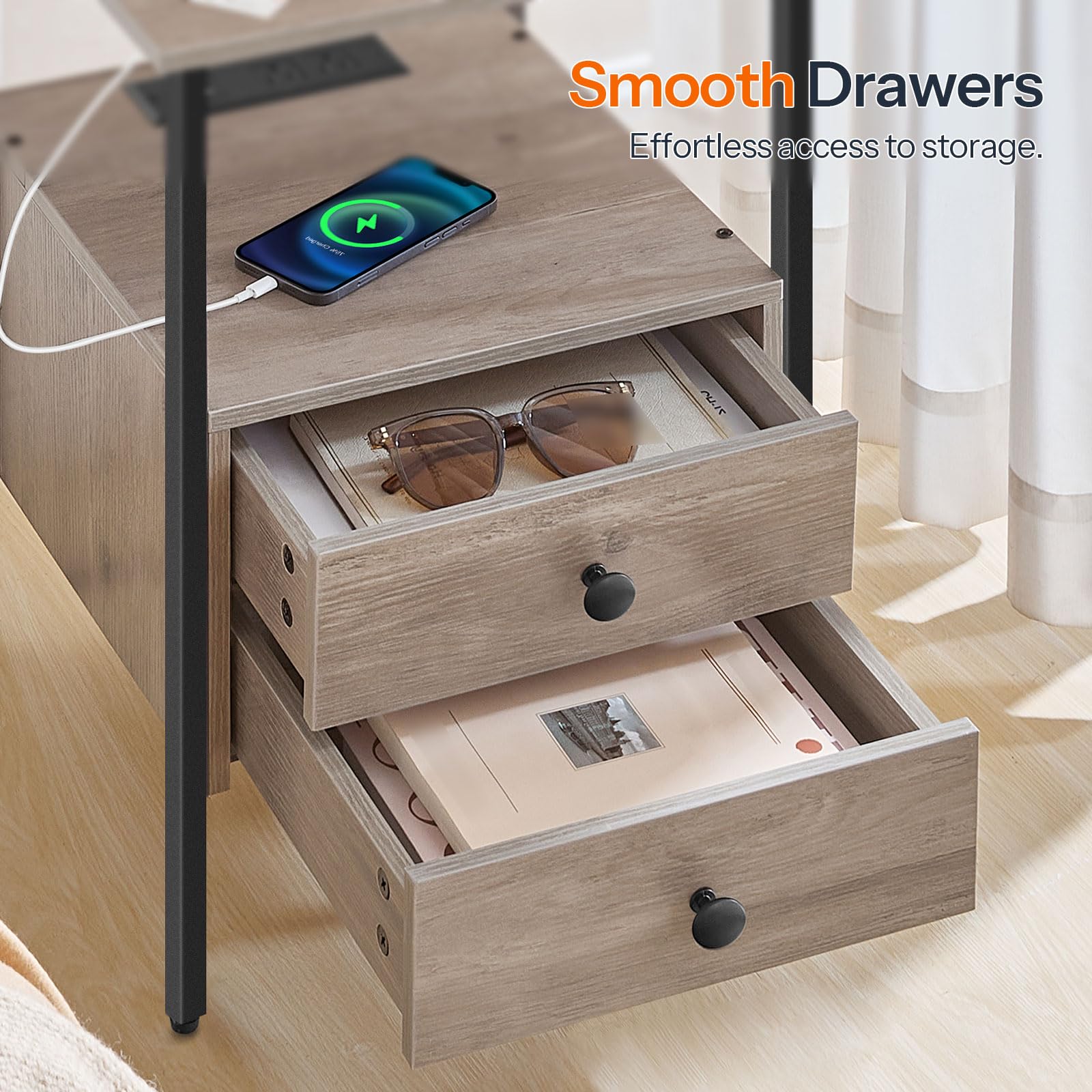hoobro-table-de-chevet-2-tiroirs-greige-avec-prises-usb image 5