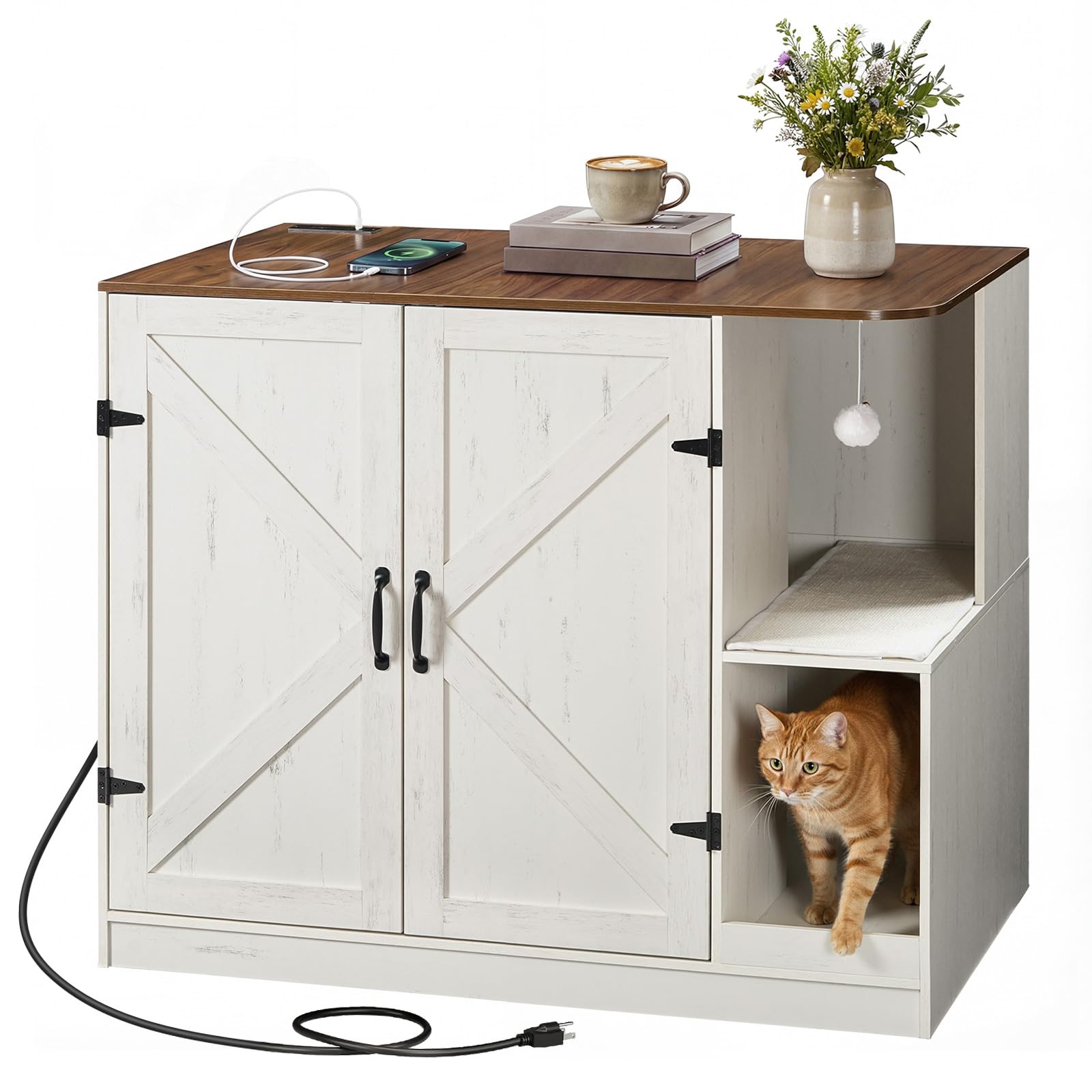 hoobro-pet-furniture-meuble-liti-re-chat-automatique-blanc-farmhouse image 1