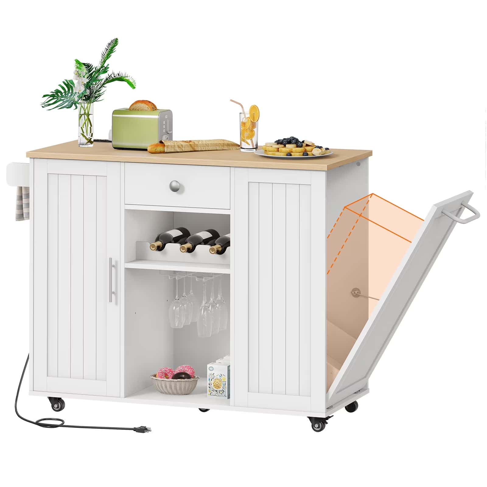 hoobro-lot-de-cuisine-desserte-blanche-roulettes-avec-prise image 1