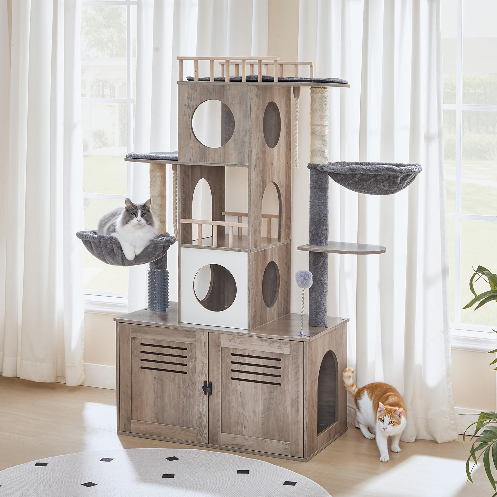 hoobro-pet-furniture-arbre-chat-greige-cache-liti-re-hamac image 2