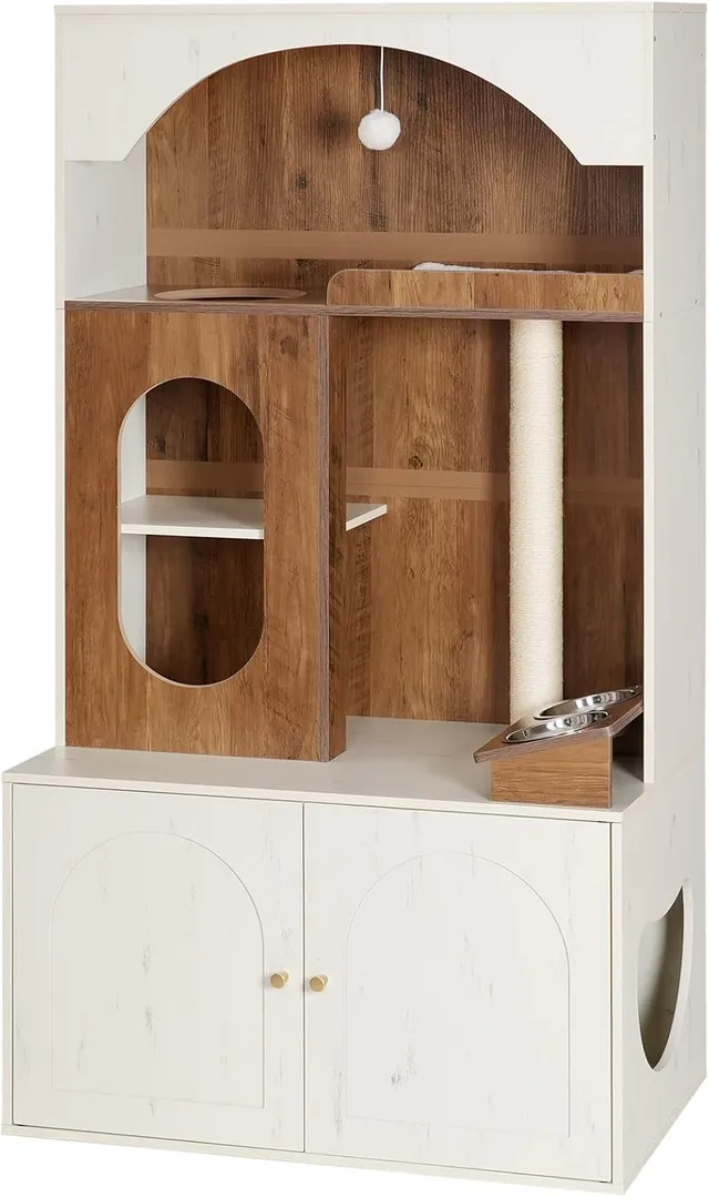hoobro-pet-furniture-arbre-chat-blanc-liti-re-gamelles-58-7 image 1