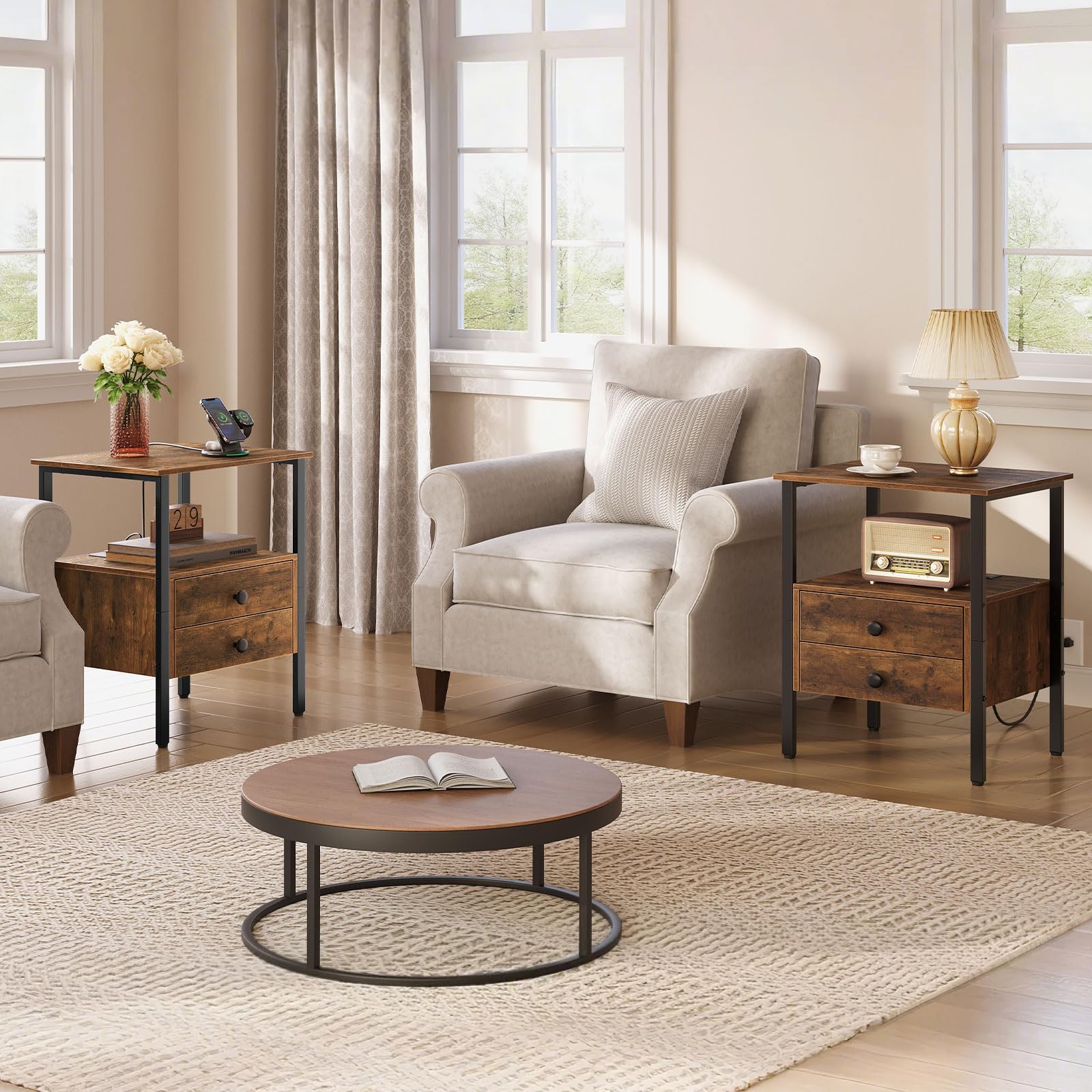 hoobro-lot-2-tables-de-chevet-marron-prise-usb-2-tiroirs image 4