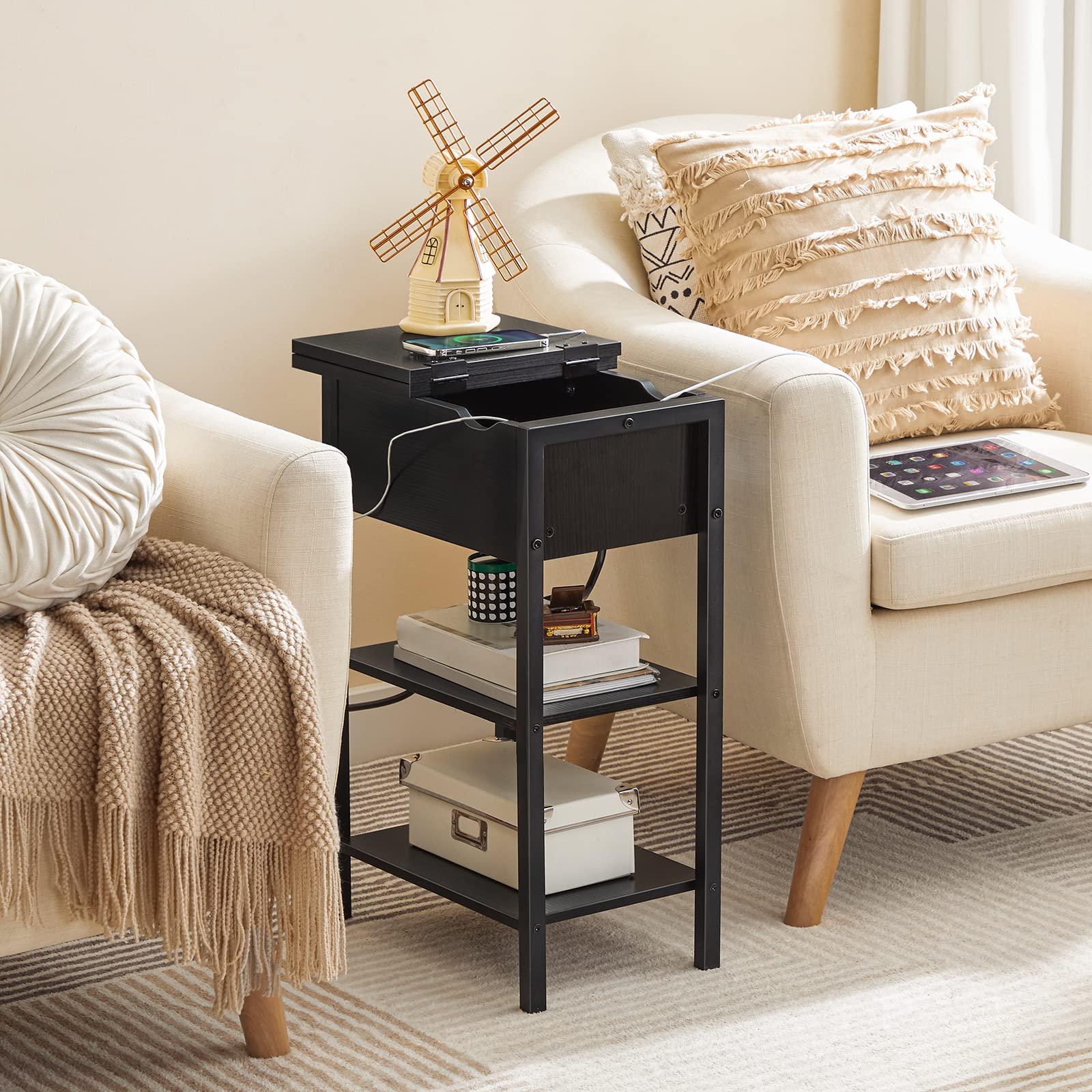 hoobro-table-appoint-rabattable-noire-avec-station-charge image 4