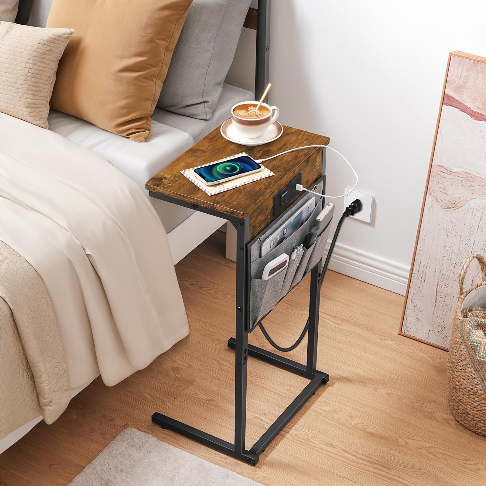hoobro-table-d-appoint-en-c-marron-avec-station-charge image 2