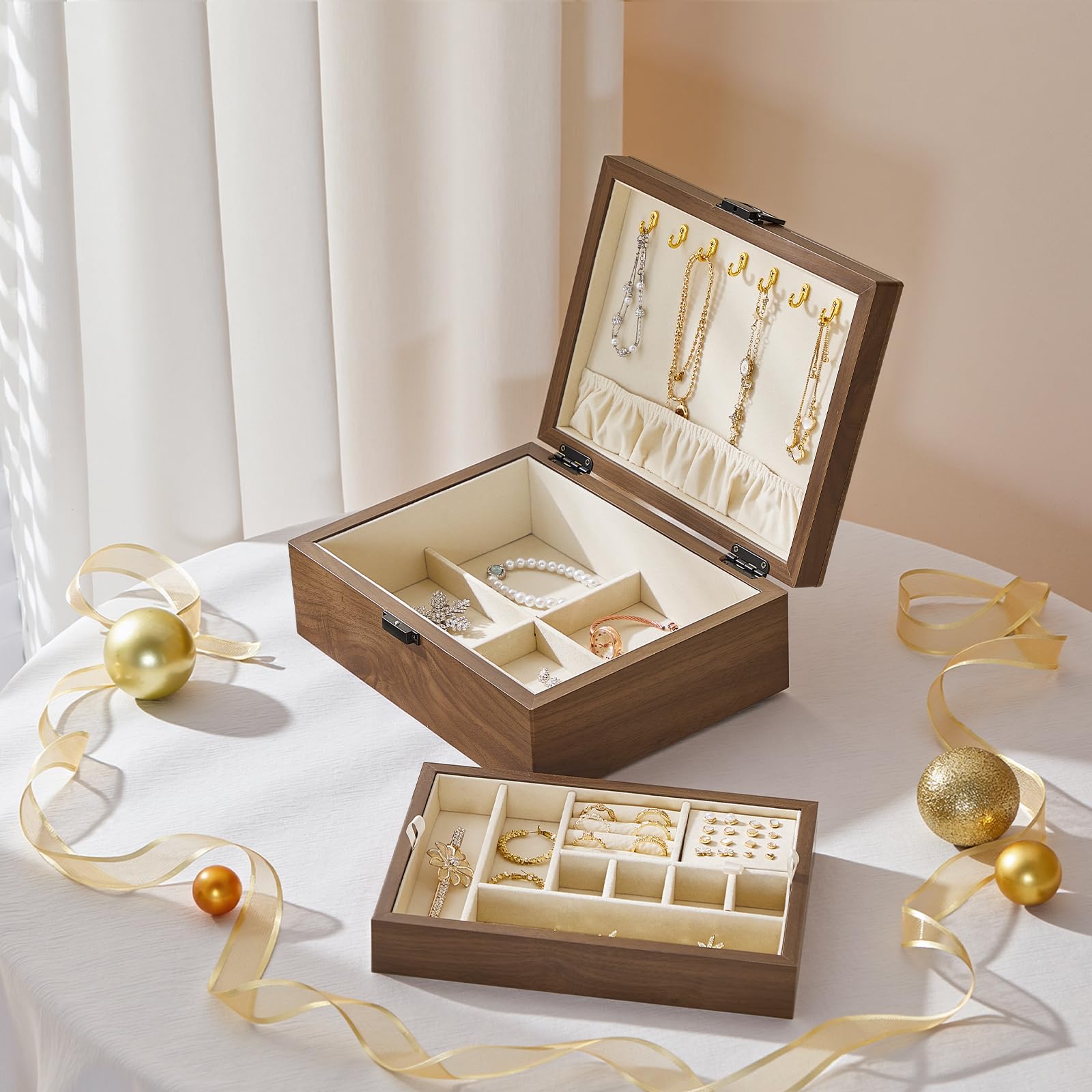hoobro-jewelry-boxes-bo-te-bijoux-bois-noyer-2-tages-plateau-amovible image 5
