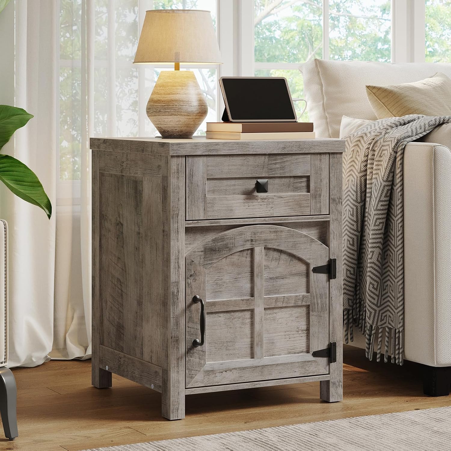 hoobro-table-d-appoint-farmhouse-bois-greige-avec-station-de-charge image 2