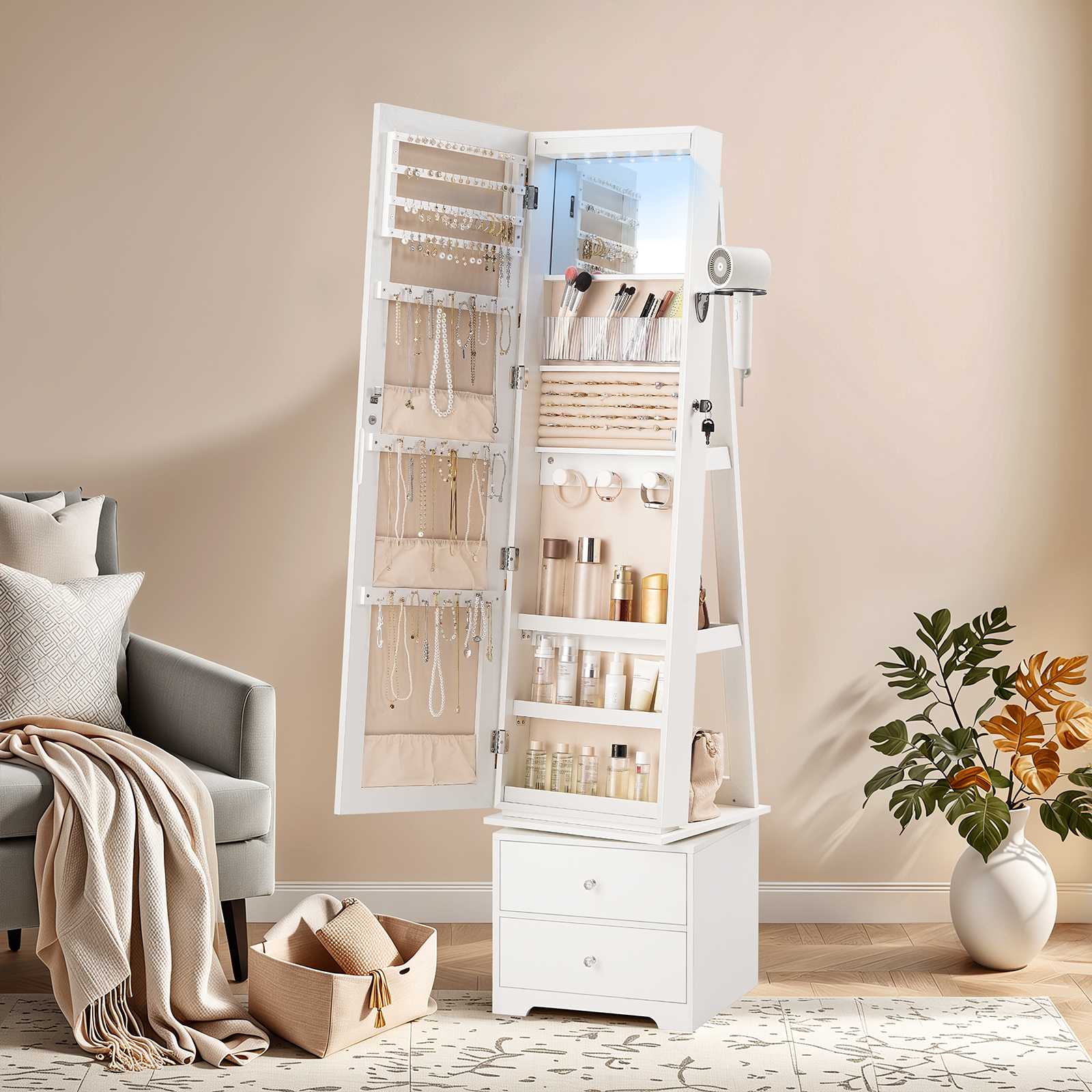hoobro-jewelry-boxes-armoire-bijoux-blanche-led-360 image 6
