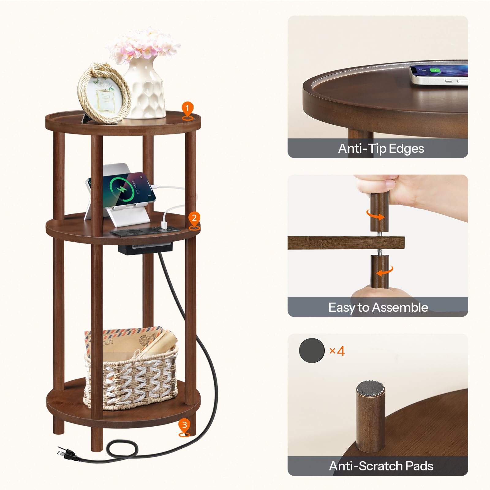 hoobro-side-tables-3-tier-table-d-appoint-mocha-ronde-avec-usb image 8